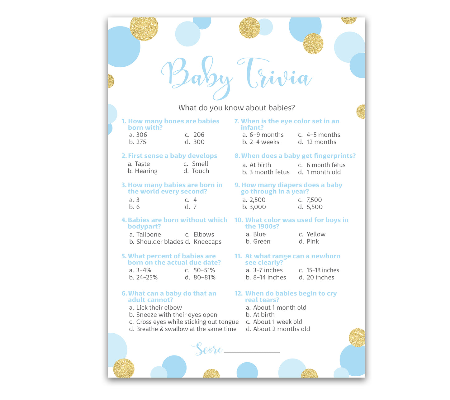 Blue & Gold Polka Dot Confetti Boy Baby Shower Game - Baby Trivia • SET of 25