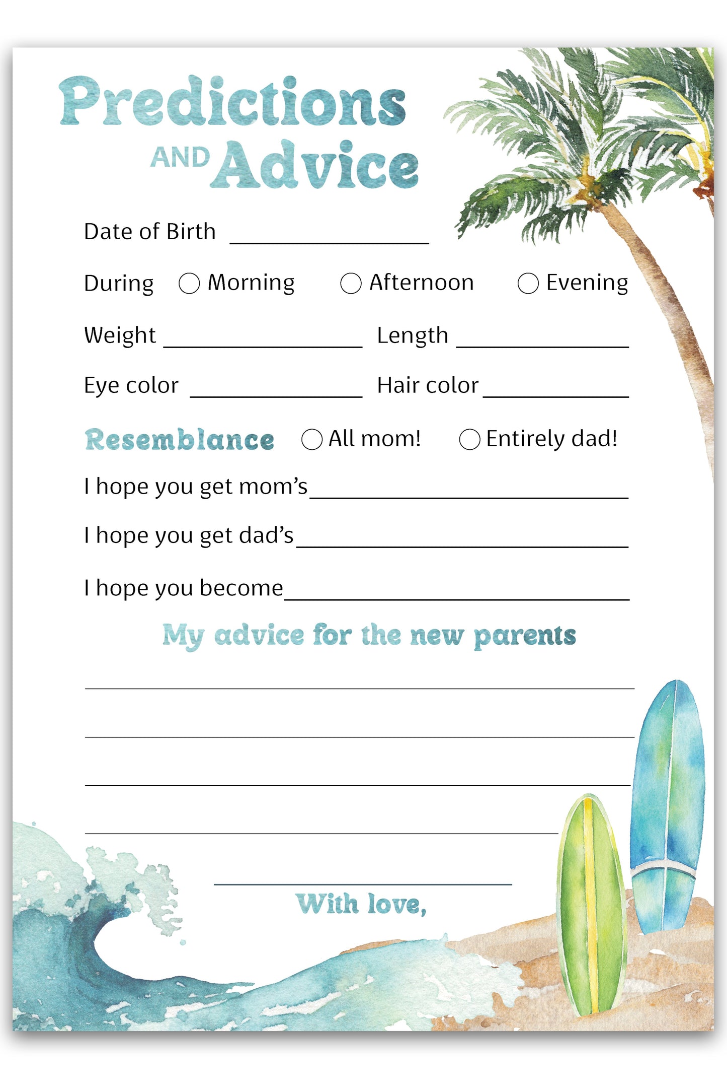 Ocean Surf Baby on Board Prediction and Advice Cards for Baby Shower - Pack of 25 - Printed