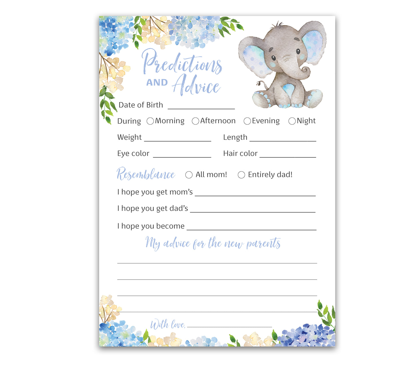 Blue Elephant Floral Boy Baby Shower Game - Predictions & Advice Cards • SET of 25