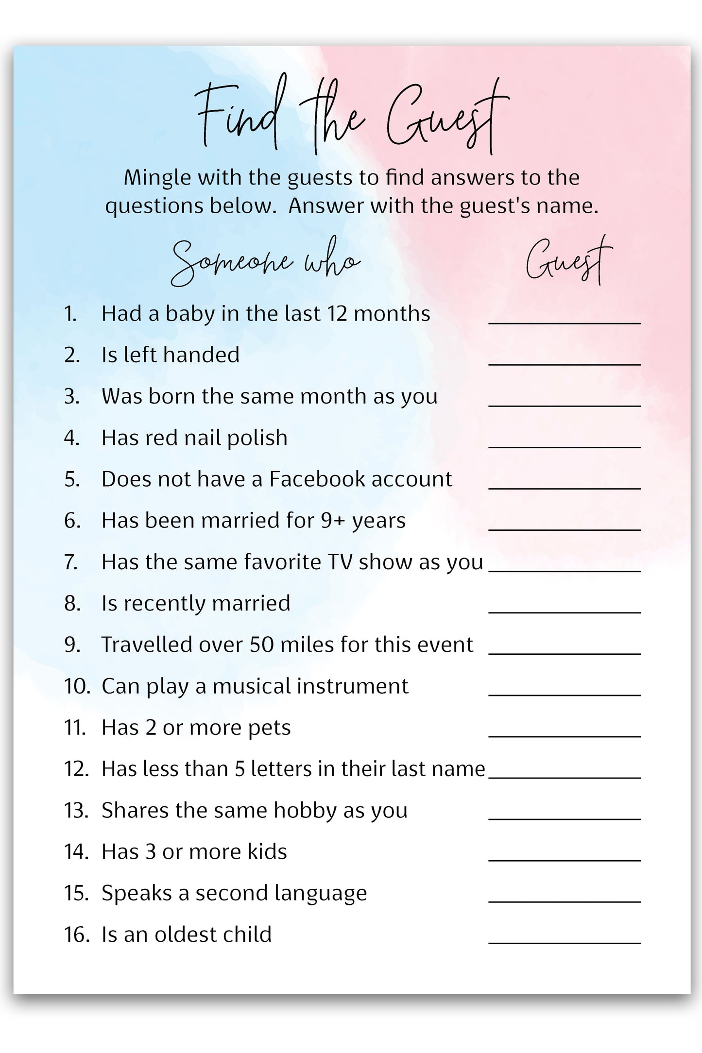 Blue or Pink Theme Baby Shower Game - Find The Guest • SET of 25 • Gender Reveal