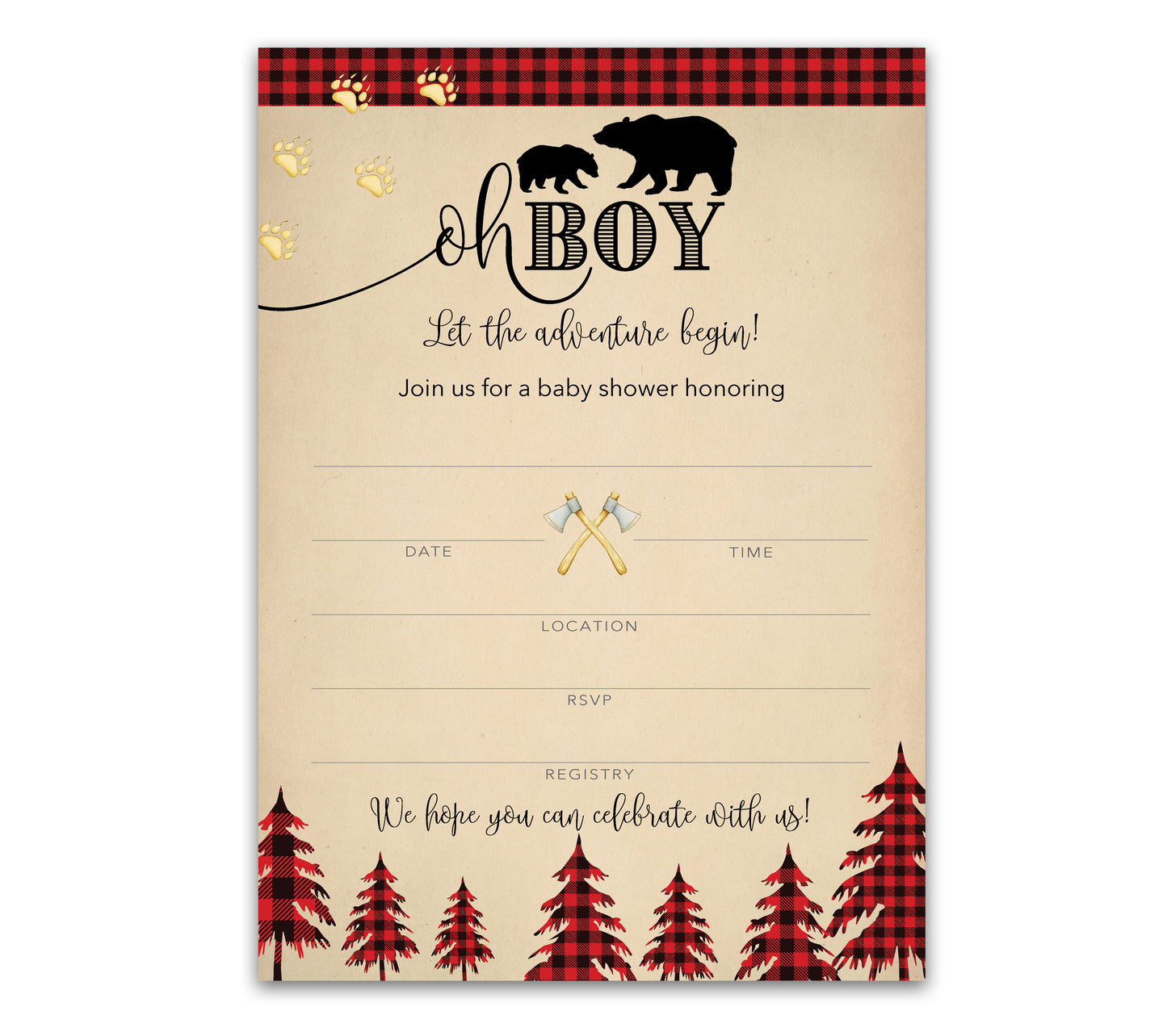 OH BOY! LUMBERJACK Baby Shower INVITATIONS — Pack of 25