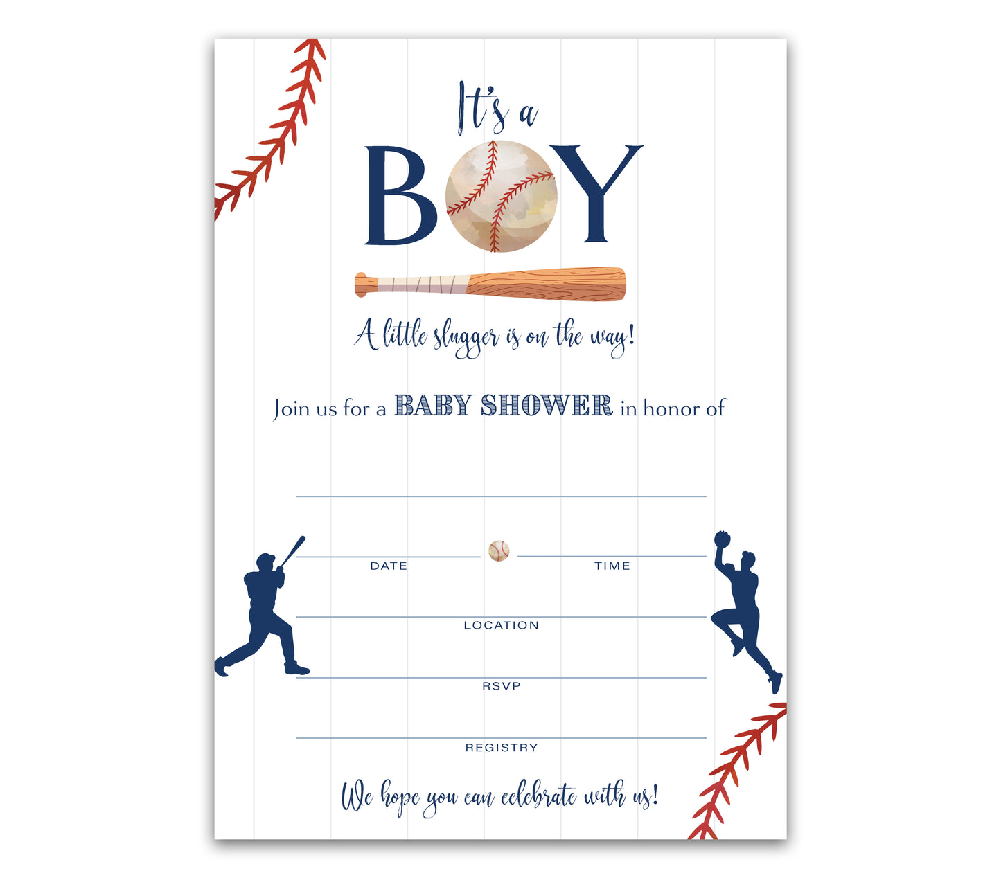 BASEBALL BOY Blank Fill-in Baby Shower INVITATIONS — Pack of 25