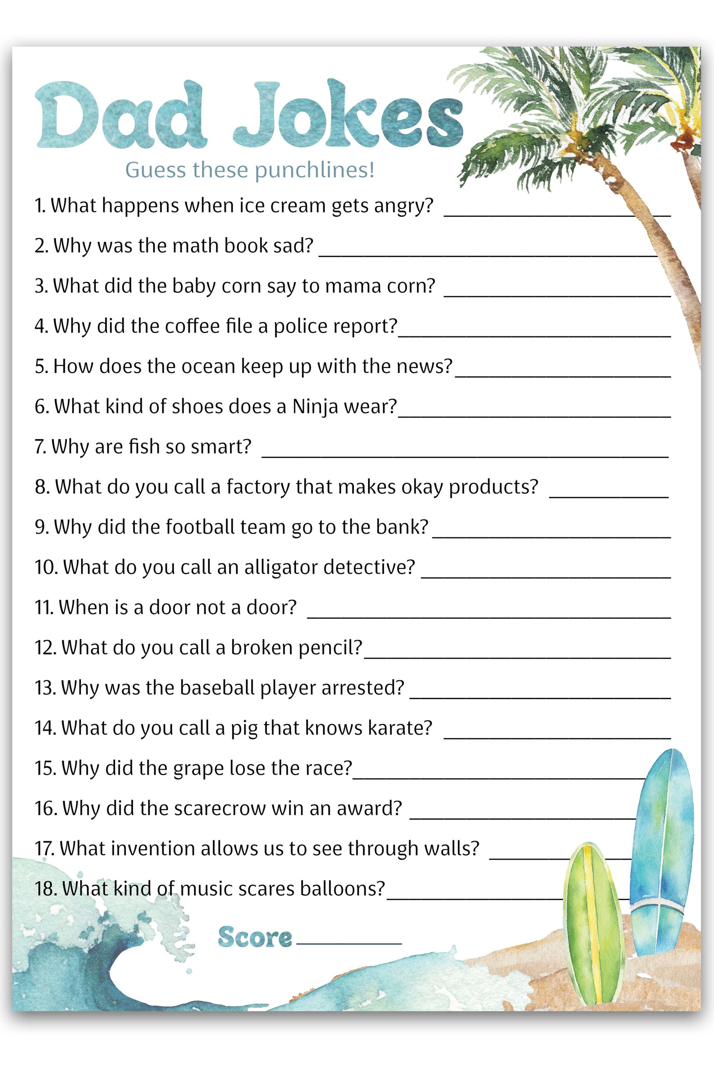 Ocean Surf Baby Shower Game - Dad Jokes - Pack of 25 - Printed