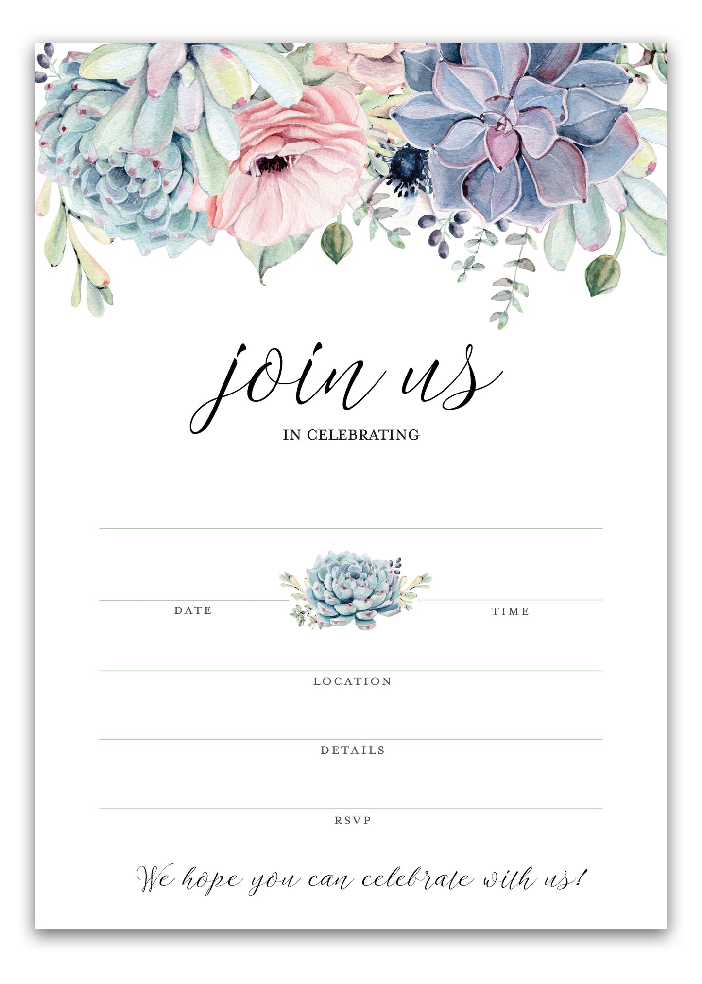 Succulents Invitations • Join Us In Celebrating • SET of 25