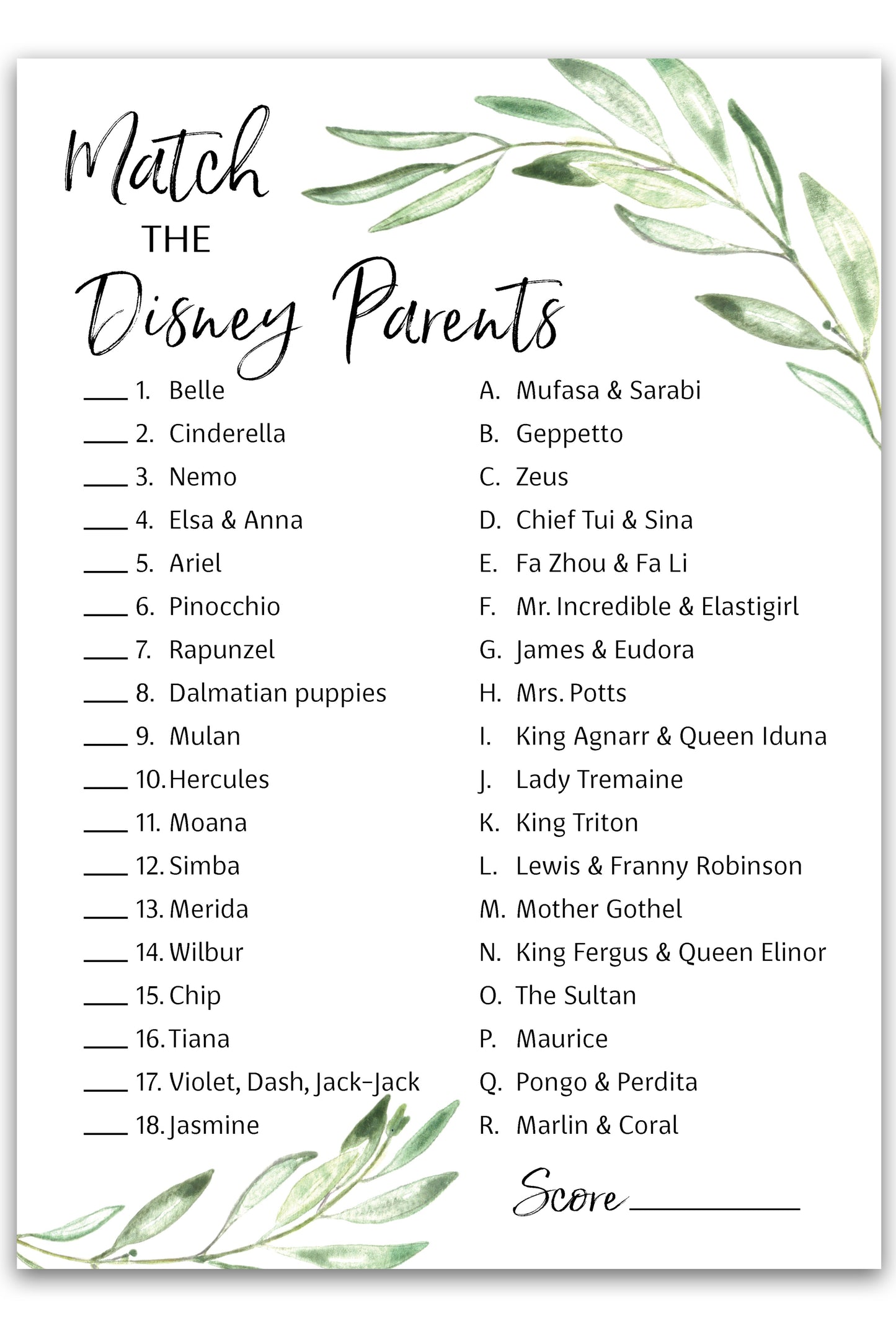 Greenery Baby Shower Game - Disney Parent Match • SET of 25