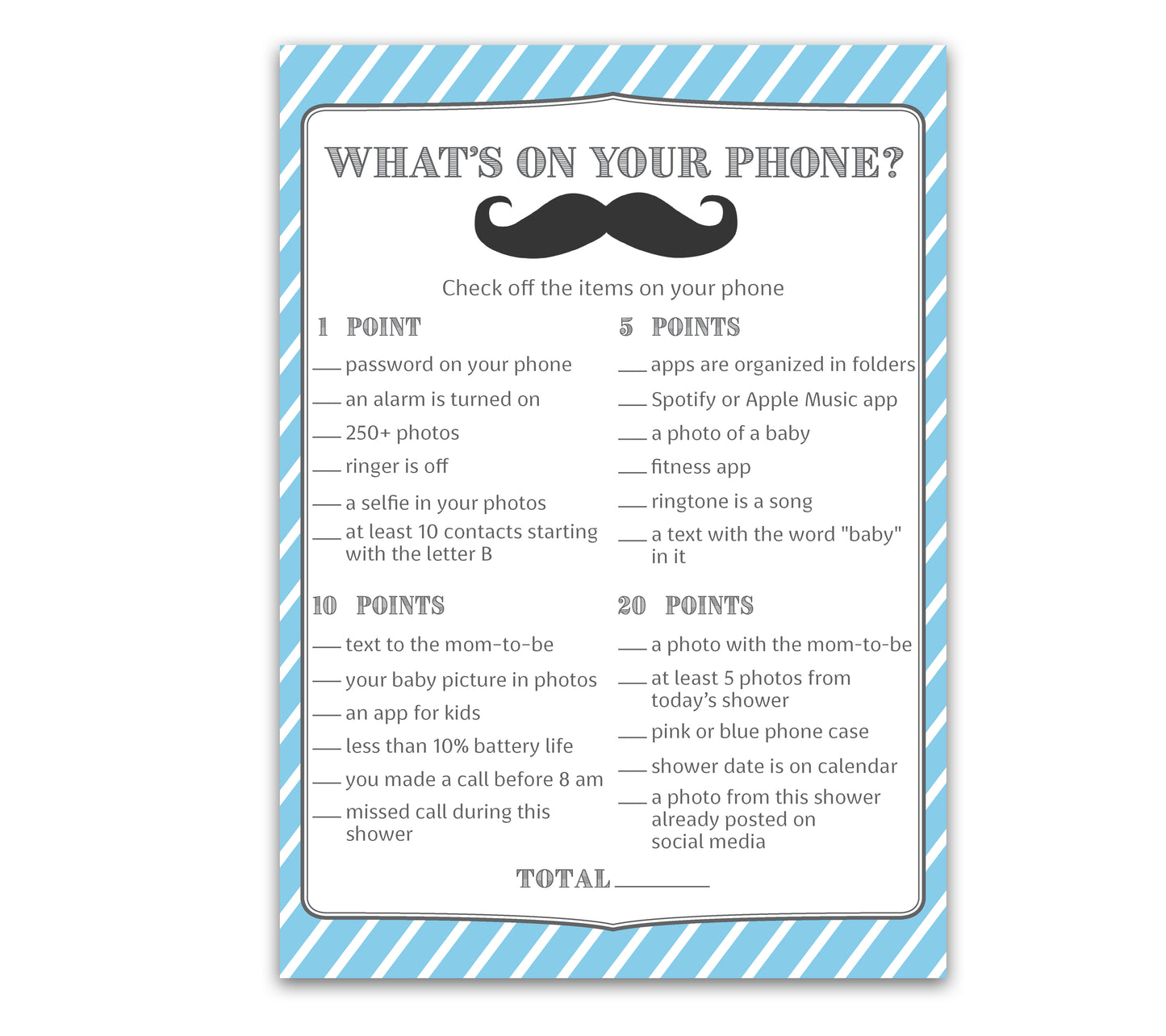 Mustache Boy Baby Shower Game - What's On Your Phone • SET of 25