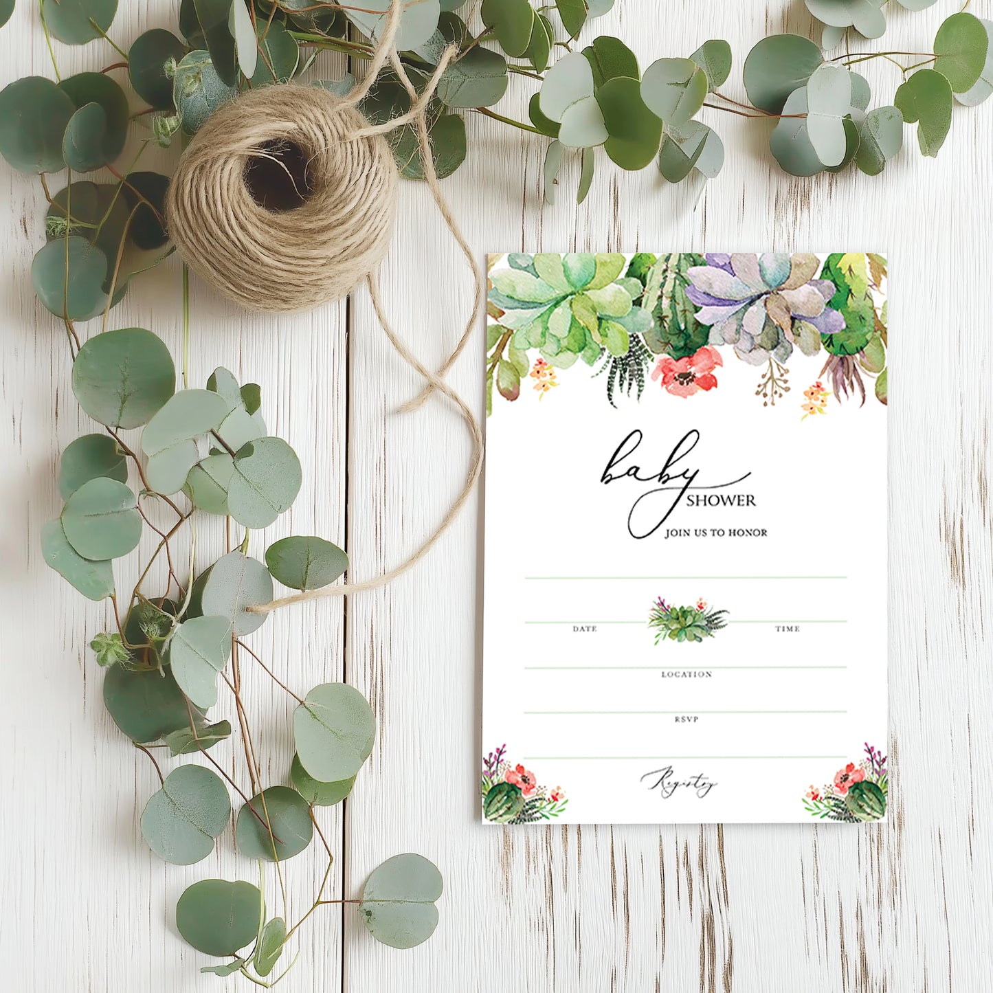 Floral Green Succulents Baby Shower Invitations • SET of 25