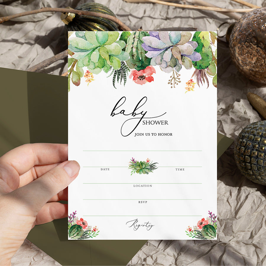 Floral Green Succulents Baby Shower Invitations • SET of 25