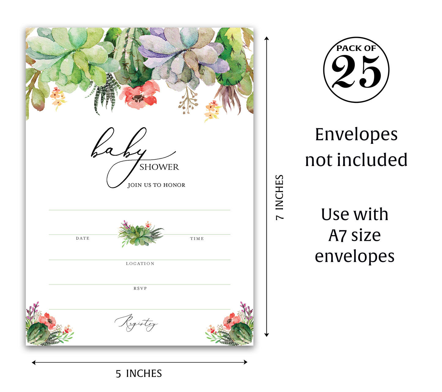 Floral Green Succulents Baby Shower Invitations • SET of 25