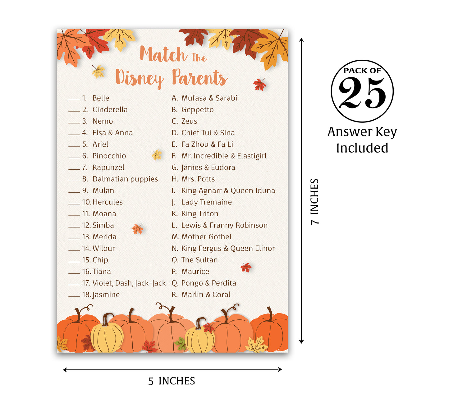 Little Pumpkin Baby Shower Game — Disney Parent Match — Pack of 25 — Fun Fall Cartoon-Themed Activity