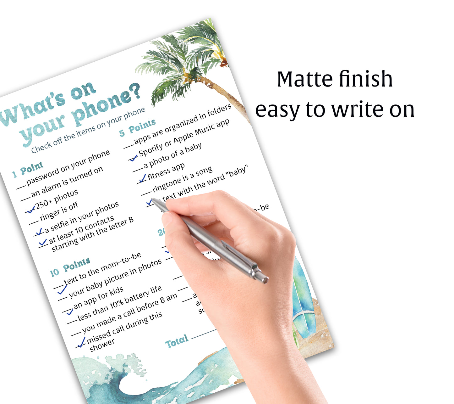 Beach Surf Baby Shower Game — WHAT'S ON YOUR PHONE - Printed