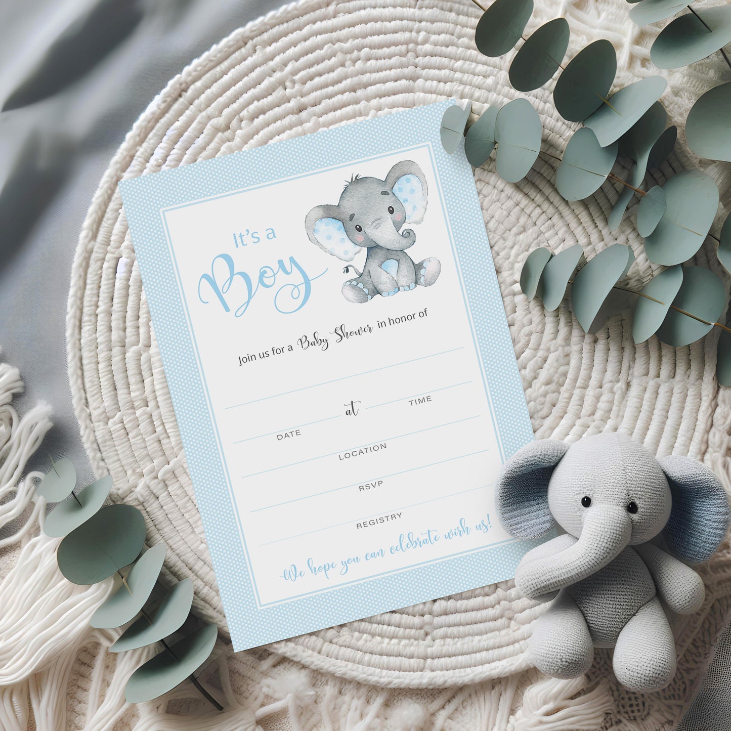 It's a Boy! • Blue Elephant Baby Shower Invitations • SET of 25