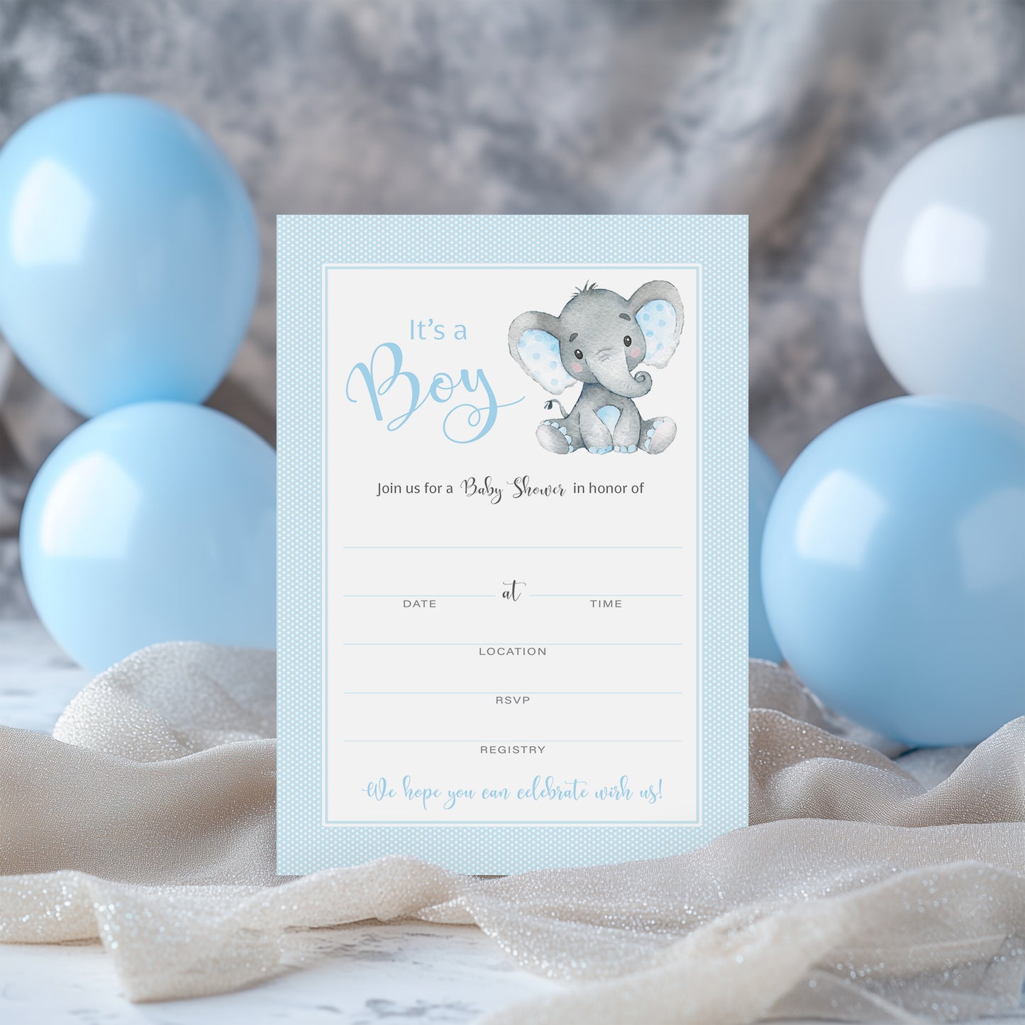 It's a Boy! • Blue Elephant Baby Shower Invitations • SET of 25
