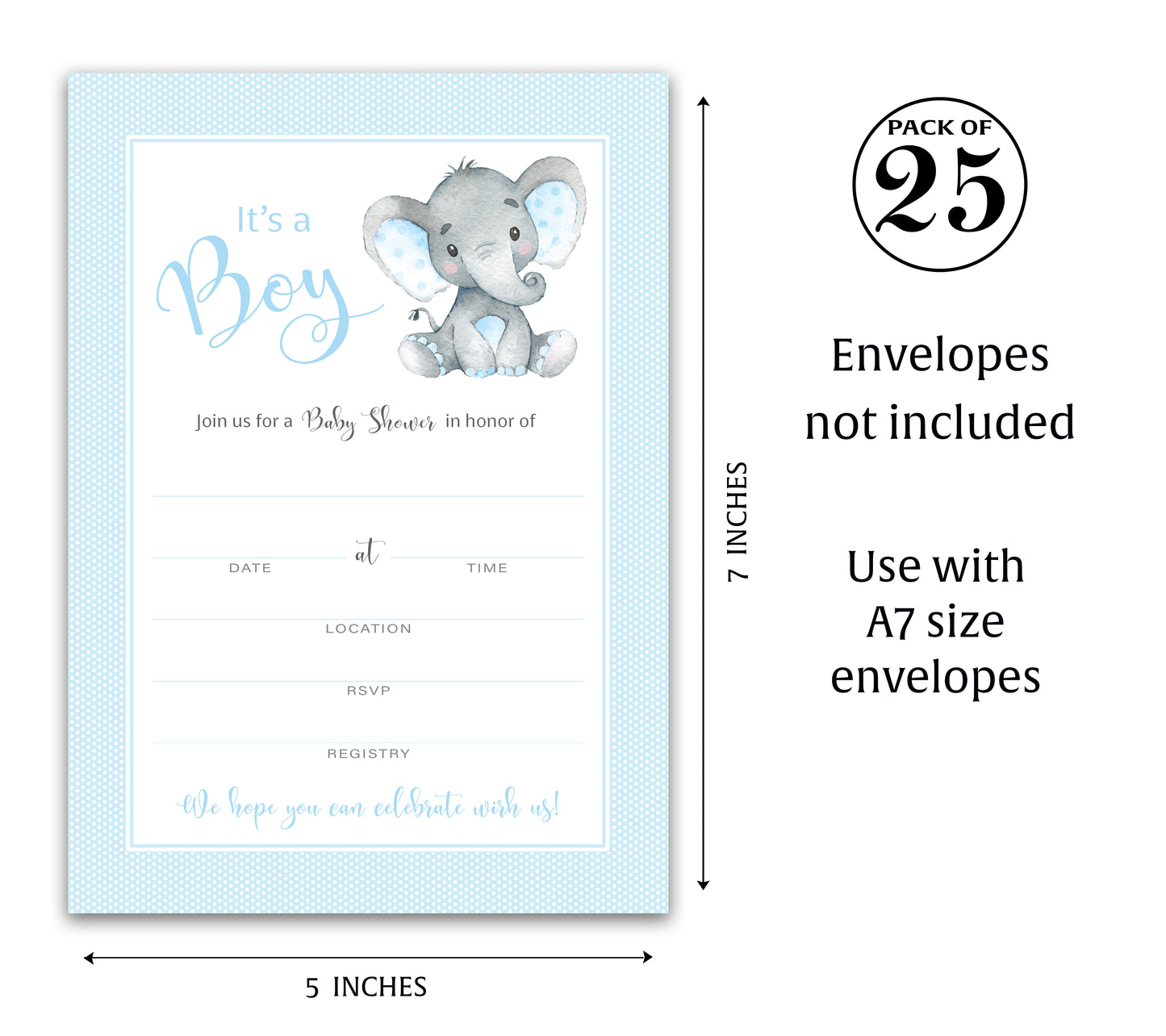It's a Boy! • Blue Elephant Baby Shower Invitations • SET of 25