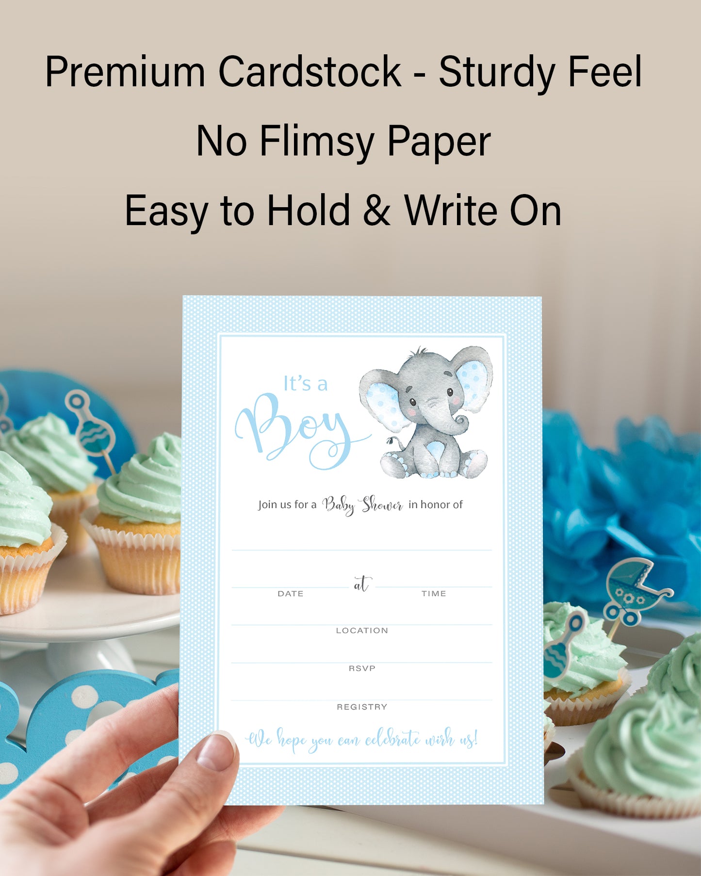 It's a Boy! • Blue Elephant Baby Shower Invitations • SET of 25