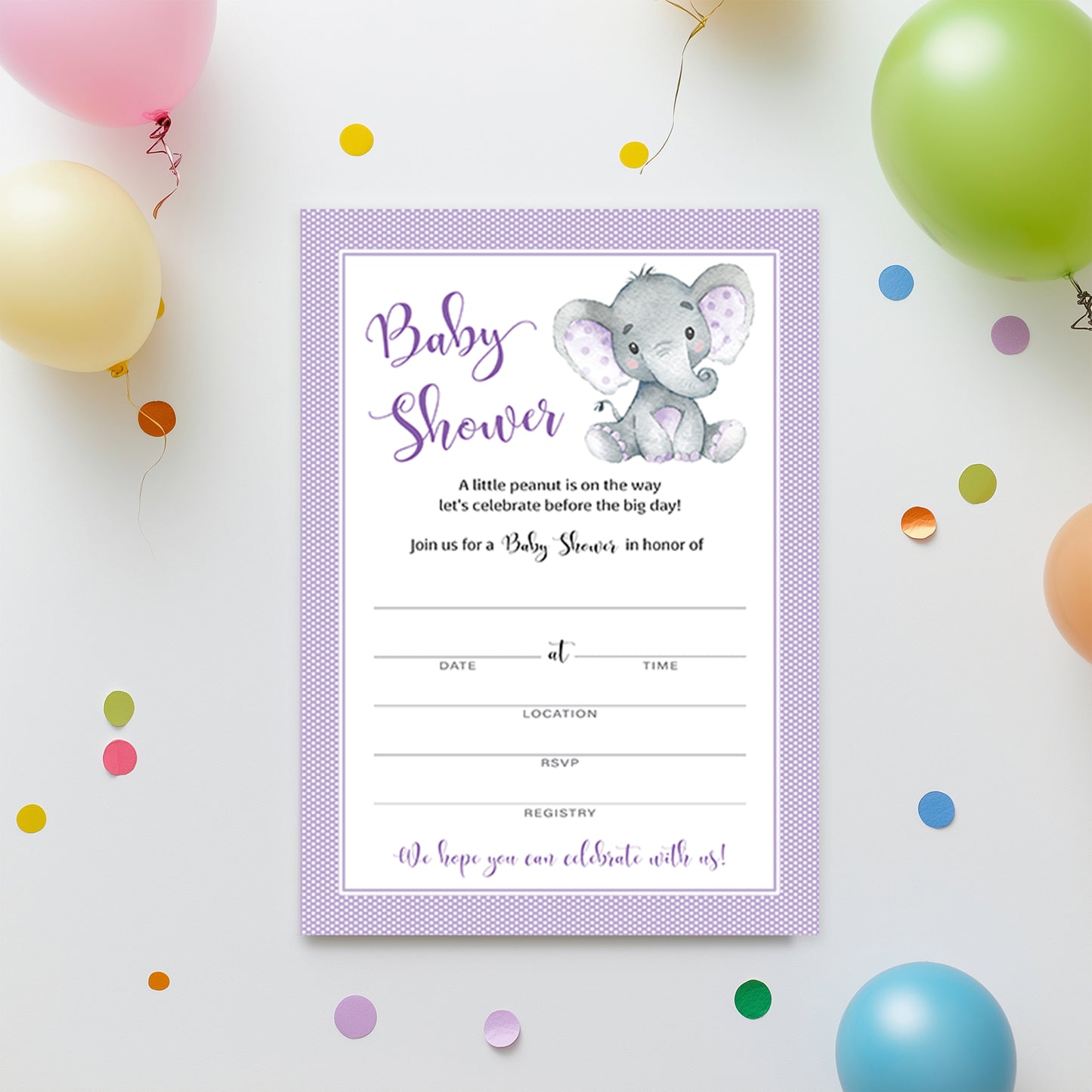 GENDER NEUTRAL Purple Elephant BABY SHOWER INVITATIONS— Pack of 25
