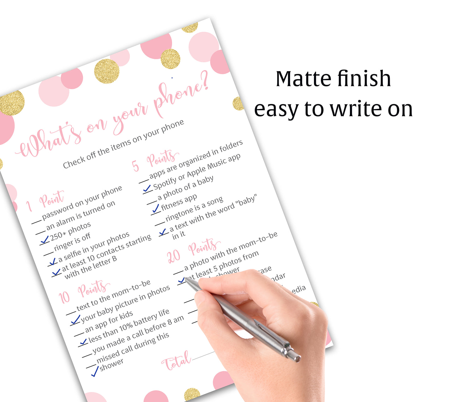 Pink & Gold Polka Dot Confetti Girl Baby Shower Game - What's On Your Phone • SET of 25