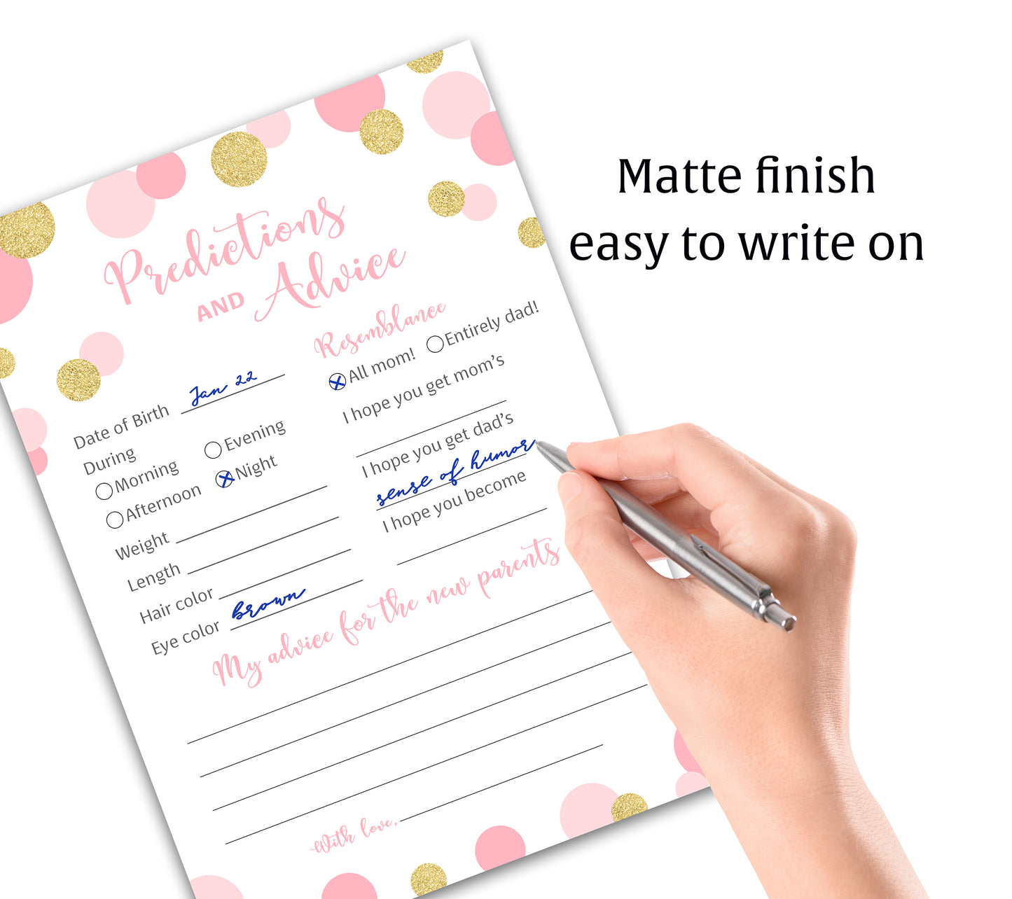 Pink & Gold Polka Dot Confetti Girl Baby Shower Game - Predictions & Advice Cards • SET of 25