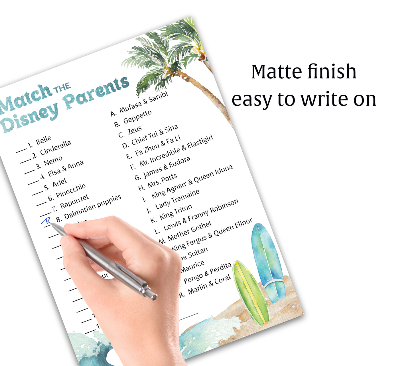 Beach Surf Theme Match Cartoon Parents Baby Shower Games — Pack of 25 — Printed