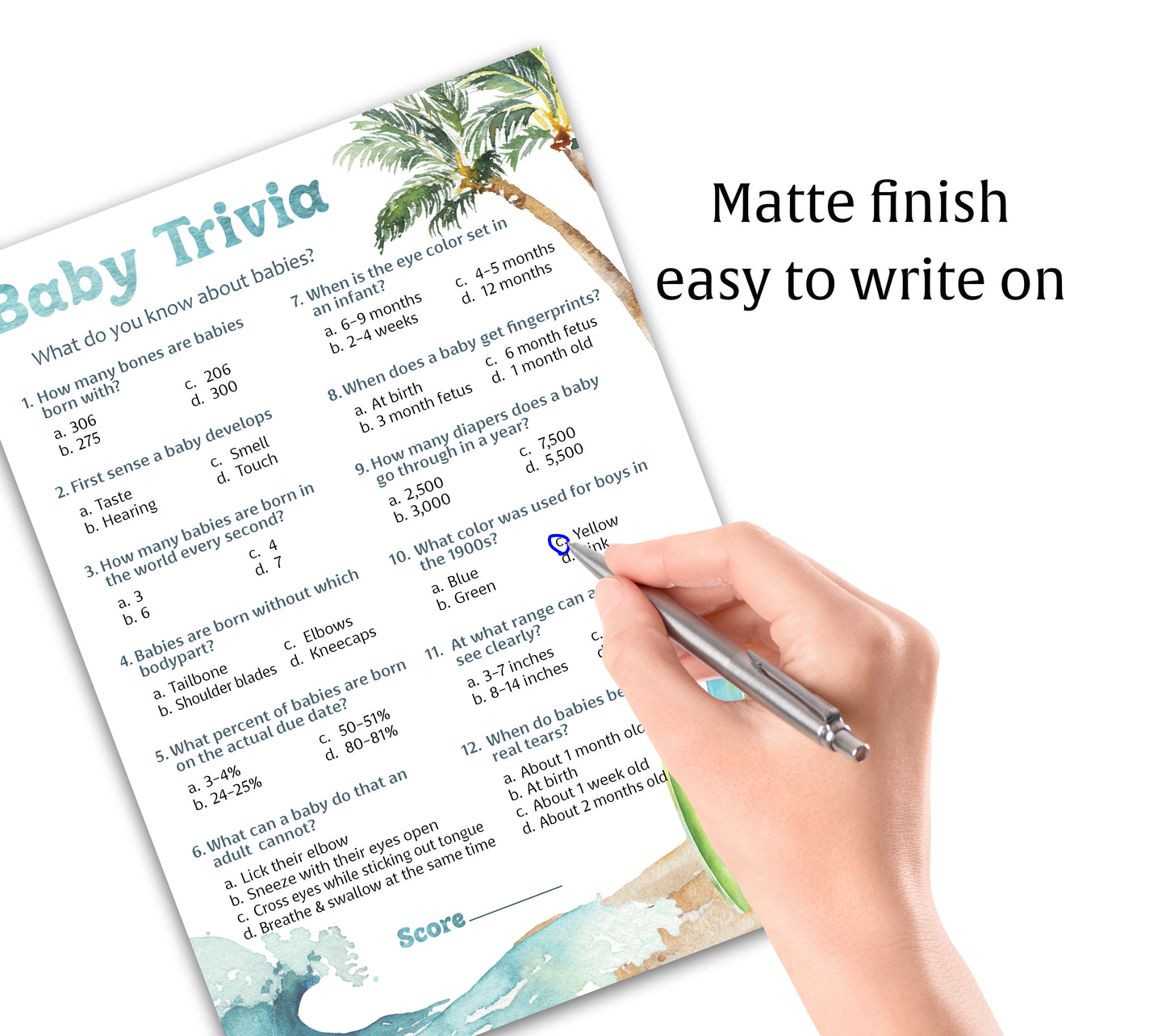 Ocean Surf Baby Shower Game • Baby Trivia • Pack of 25 - Printed