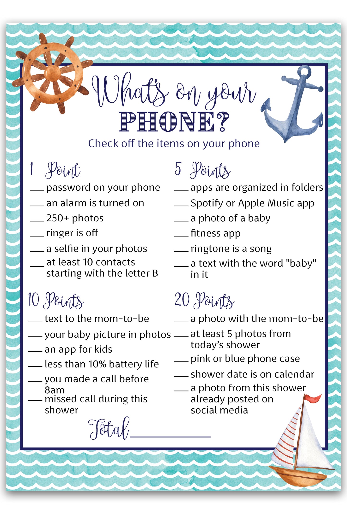 Nautical Baby Shower Game — WHAT'S ON YOUR PHONE - Printed