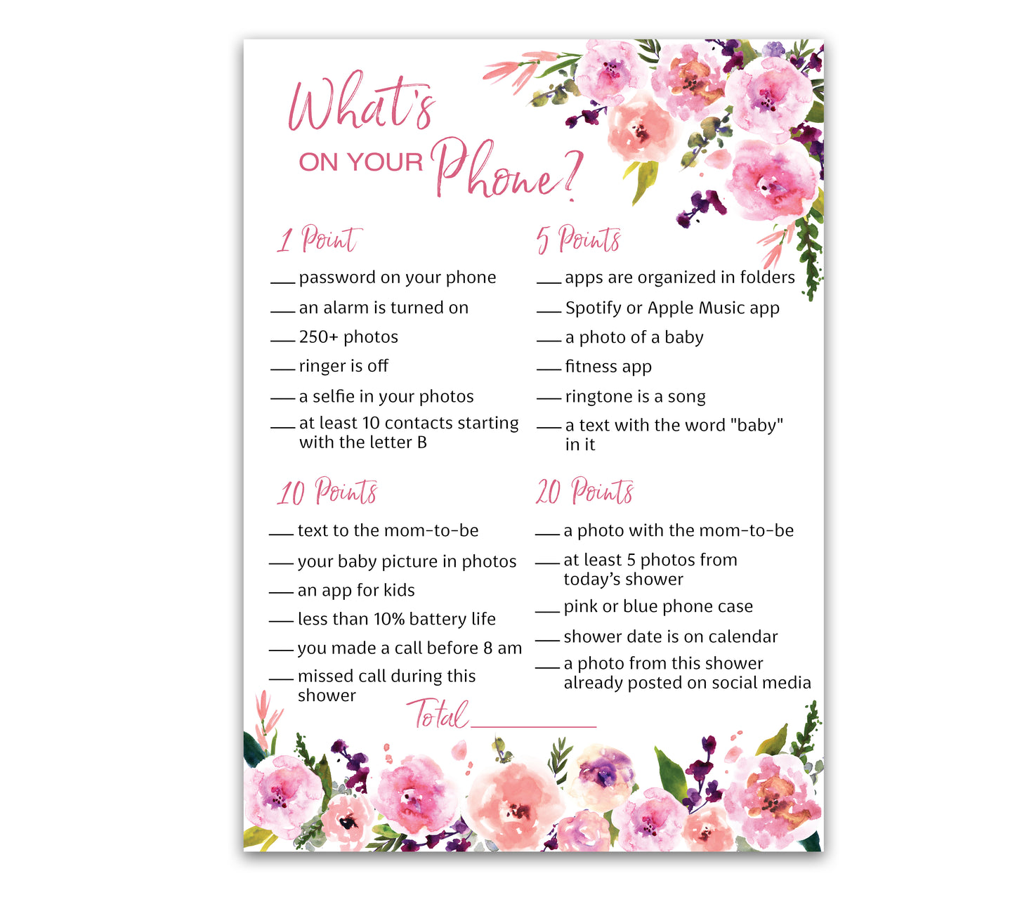 Floral Girl Baby Shower Game - What's On Your Phone • SET of 25