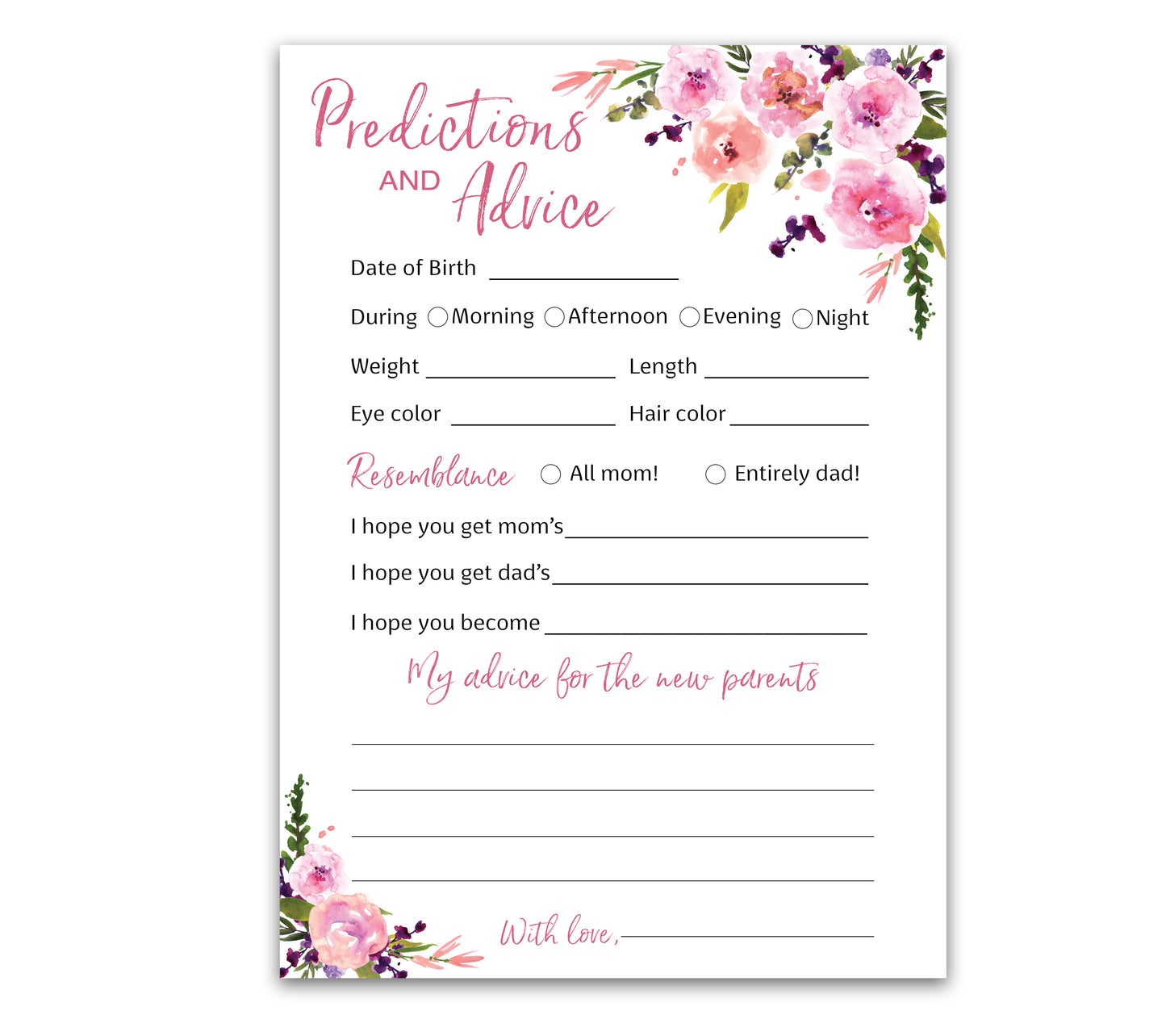 Floral Girl Baby Shower Game - Predictions & Advice Cards • SET of 25