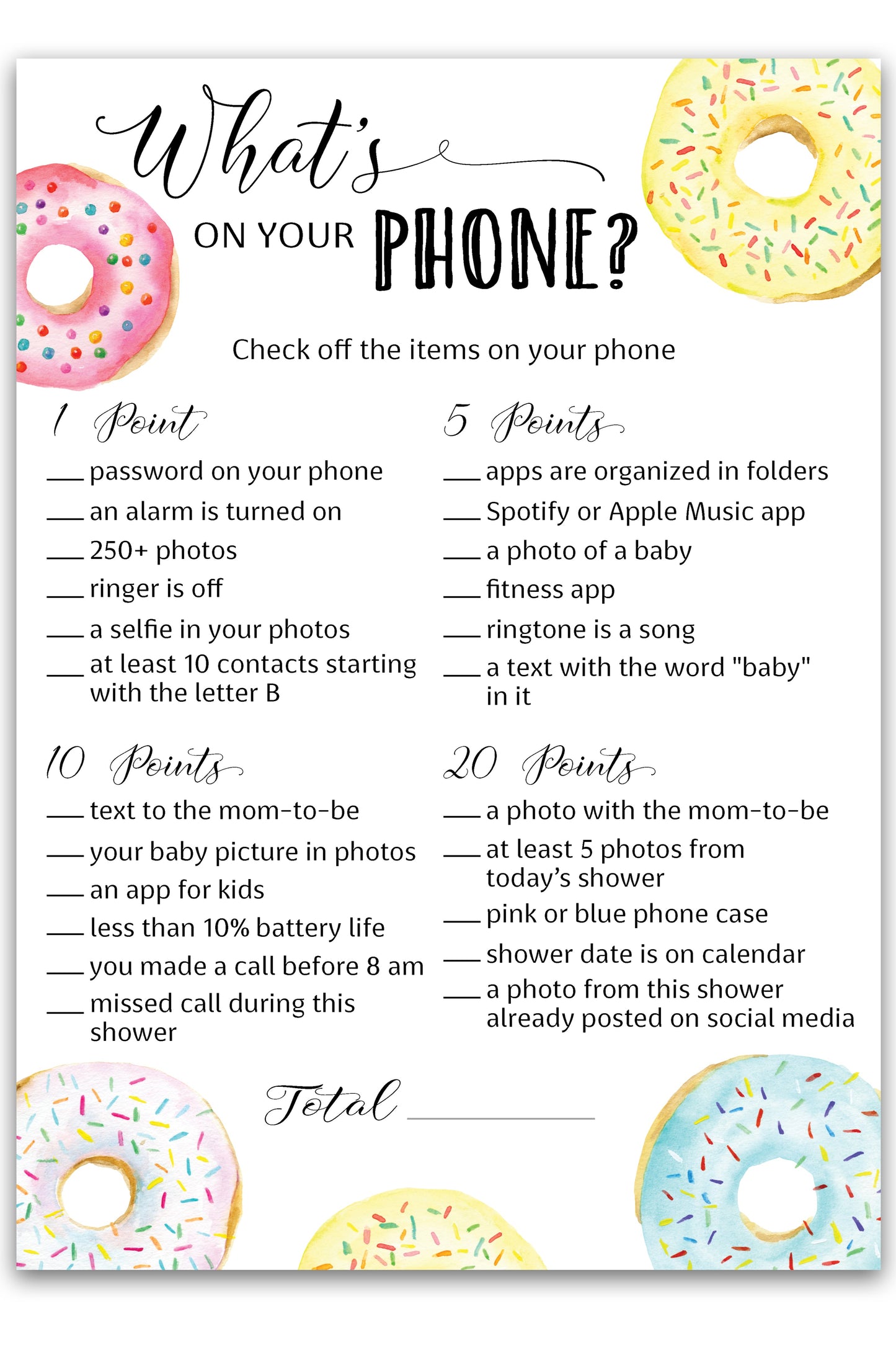 Donut Theme WHAT'S ON YOUR PHONE Baby Shower Game • Pack of 25 • Printed