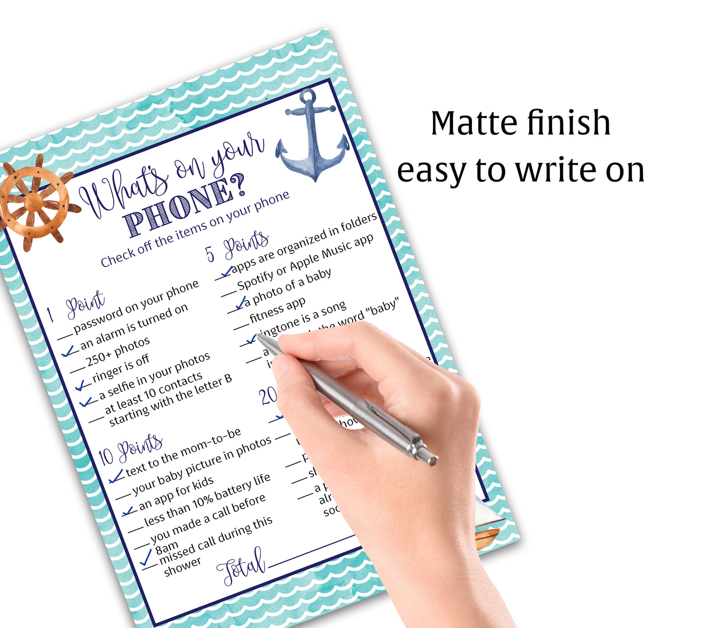 Nautical Baby Shower Game — WHAT'S ON YOUR PHONE - Printed