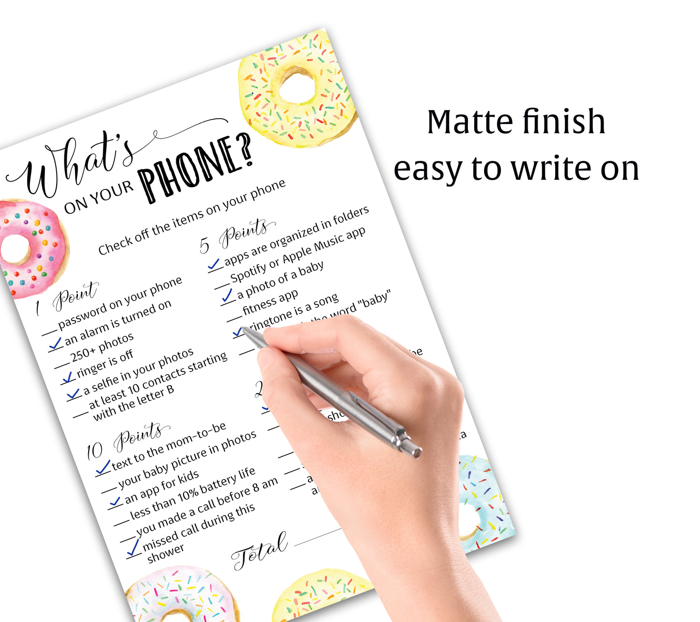 Donut Theme WHAT'S ON YOUR PHONE Baby Shower Game • Pack of 25 • Printed