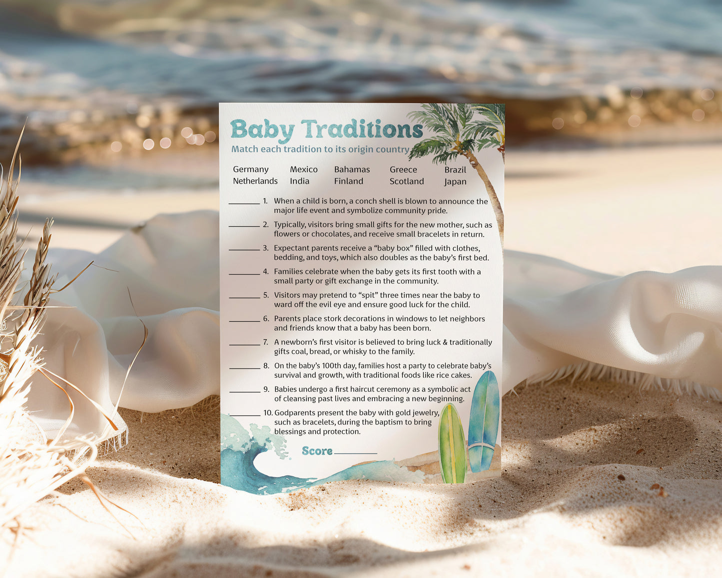 Ocean Surf Baby Shower Games - Baby Traditions Around World Game - Pack of 25 - Printed