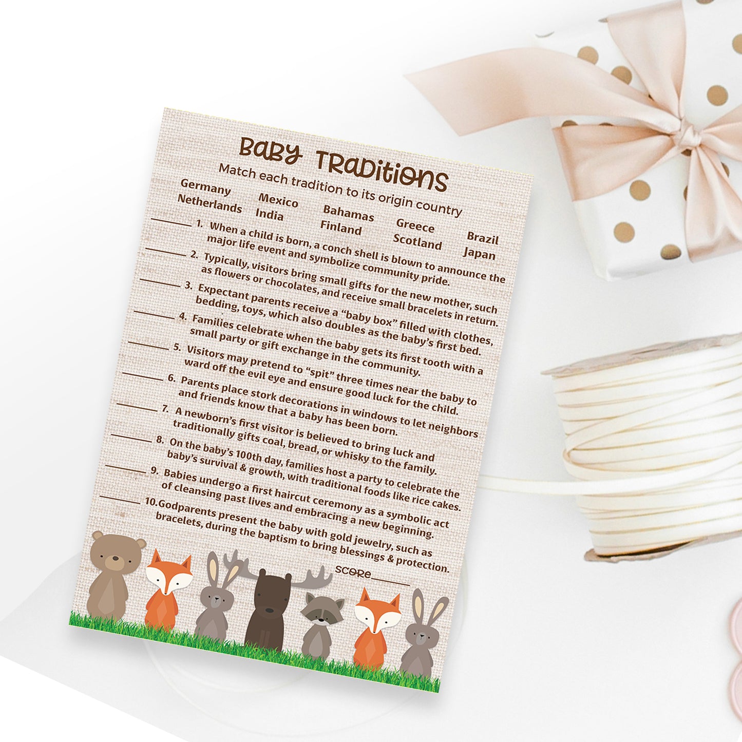 Woodland Anmals Theme Baby Shower Games • BABY TRADITIONS around the World Game • Pack of 25
