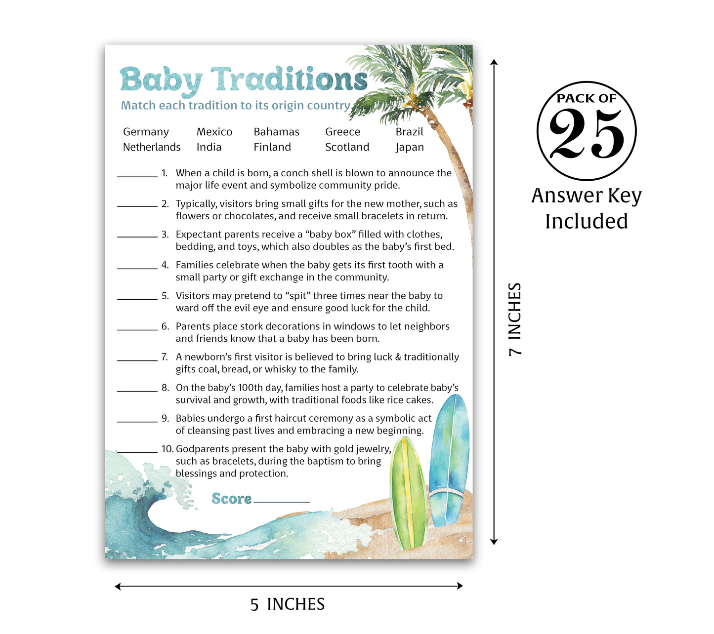Ocean Surf Baby Shower Games - Baby Traditions Around World Game - Pack of 25 - Printed
