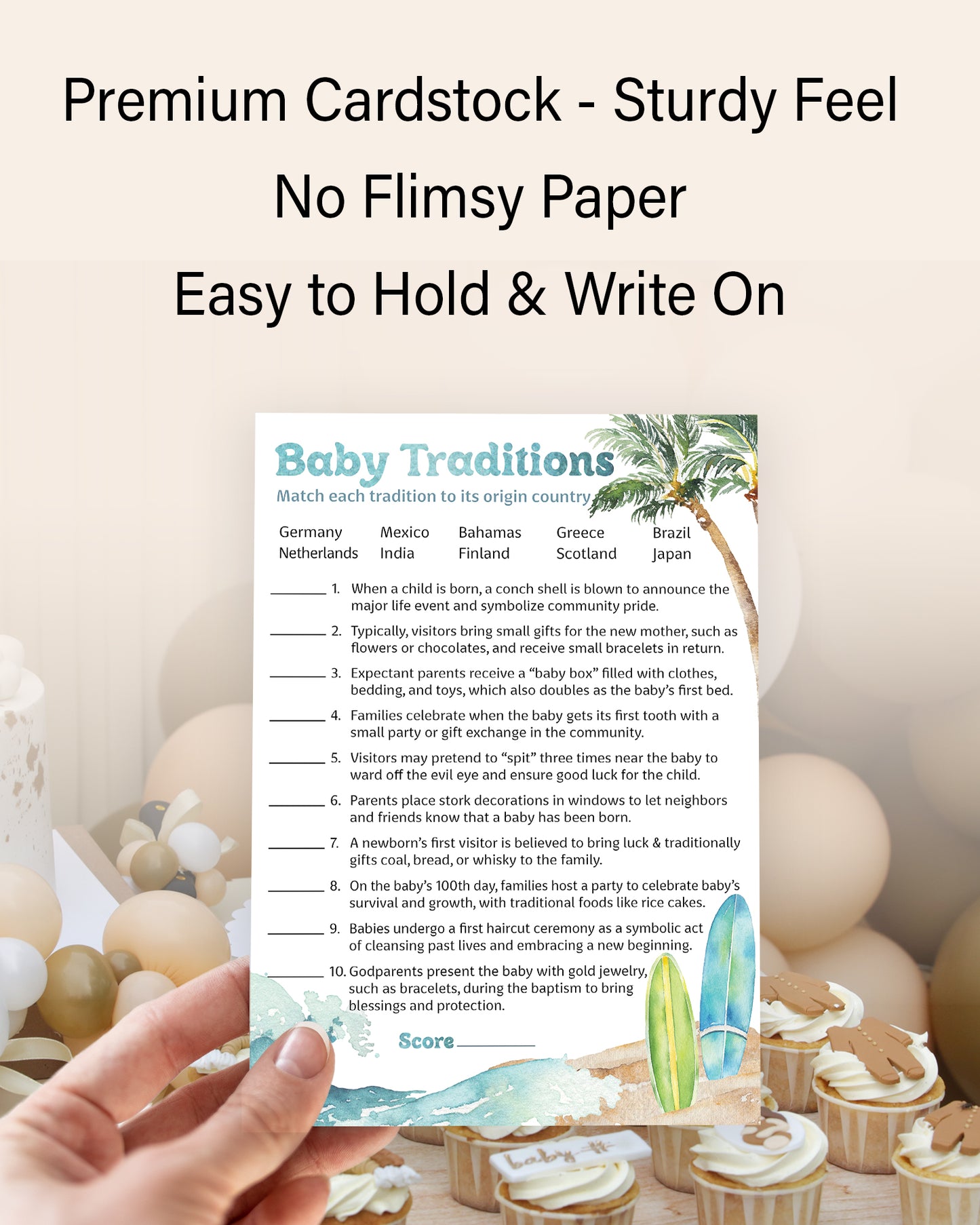 Ocean Surf Baby Shower Games - Baby Traditions Around World Game - Pack of 25 - Printed