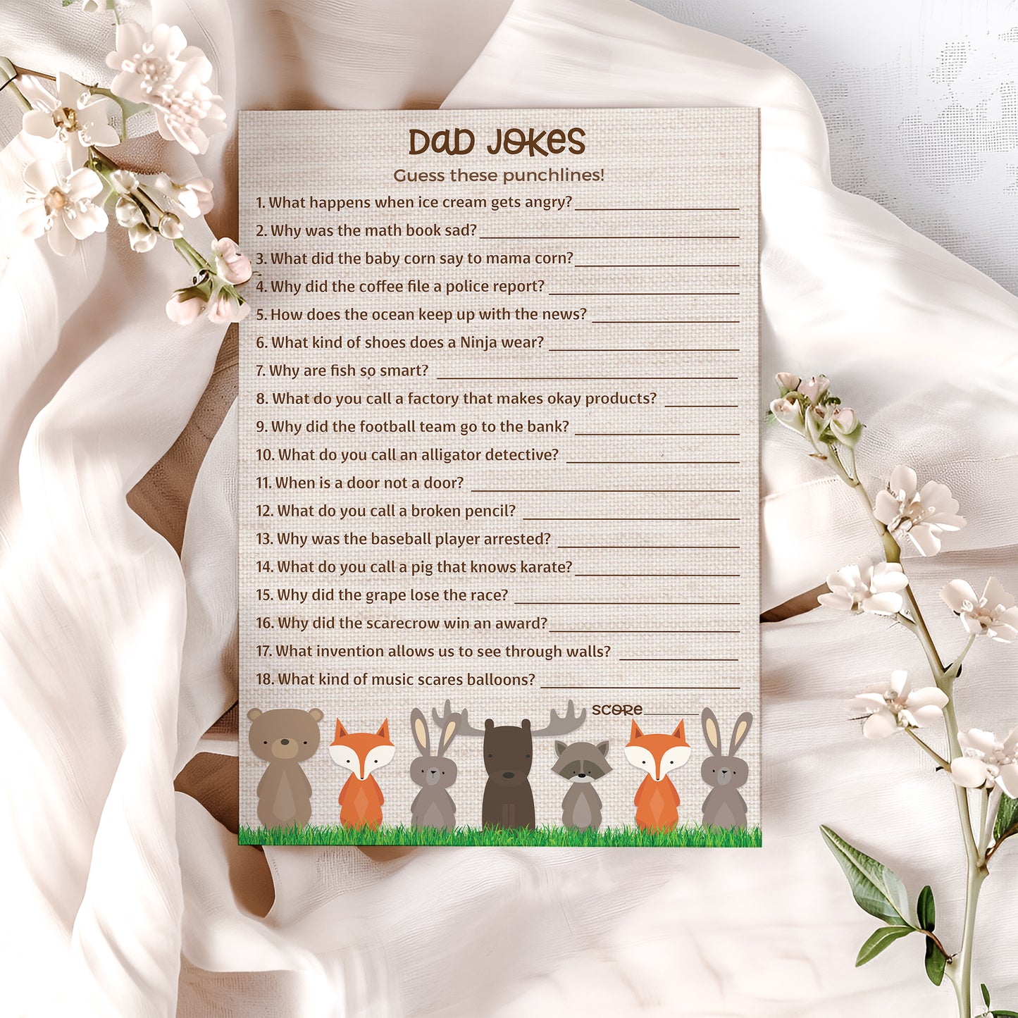 Woodland Animals Theme Baby Shower Game • DAD JOKES Games • Pack of 25