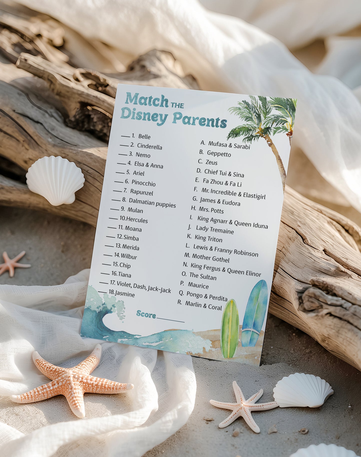 Beach Surf Theme Match Cartoon Parents Baby Shower Games — Pack of 25 — Printed