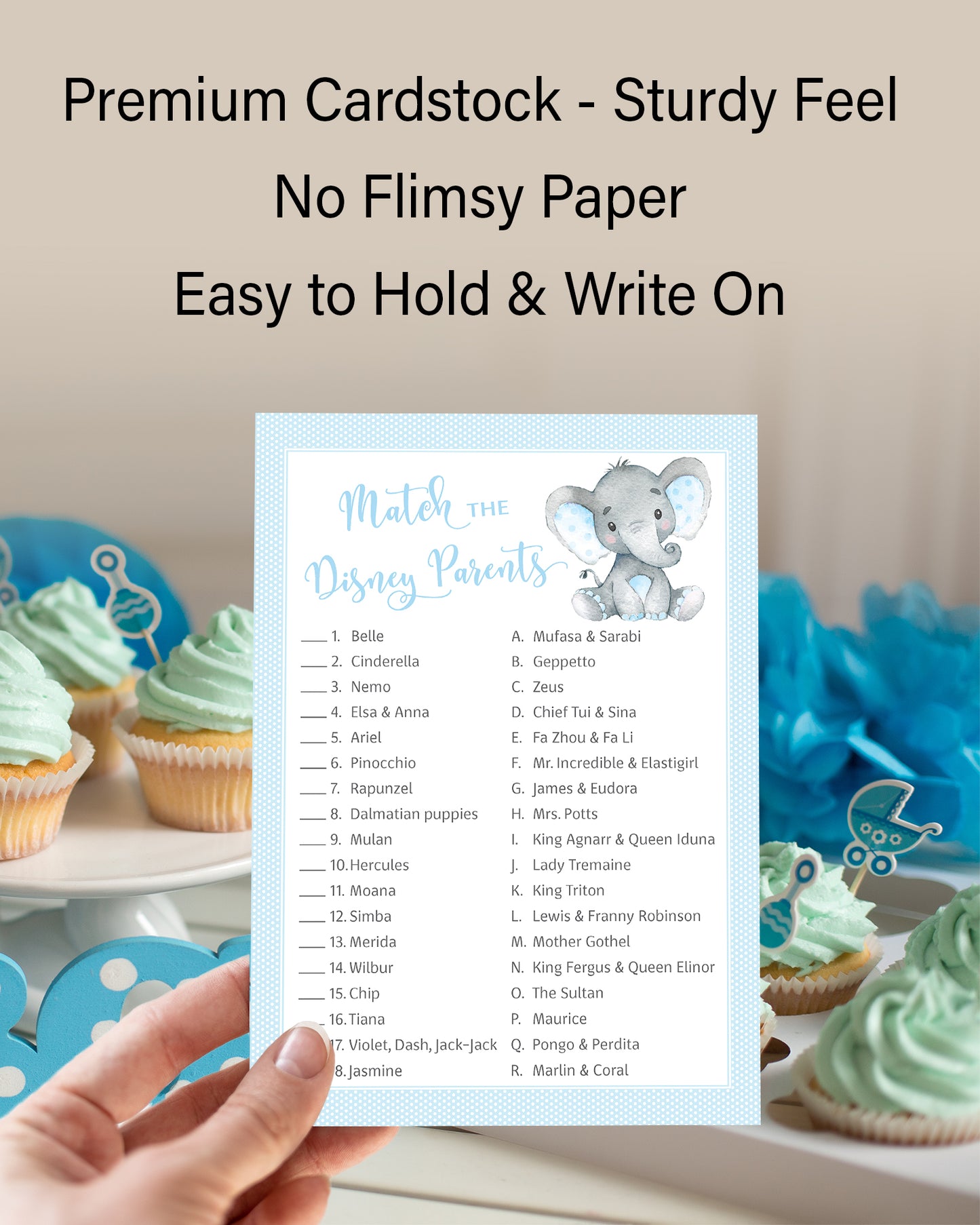 Blue Elephant Baby Shower Game - Disney Parent Match • SET of 25
