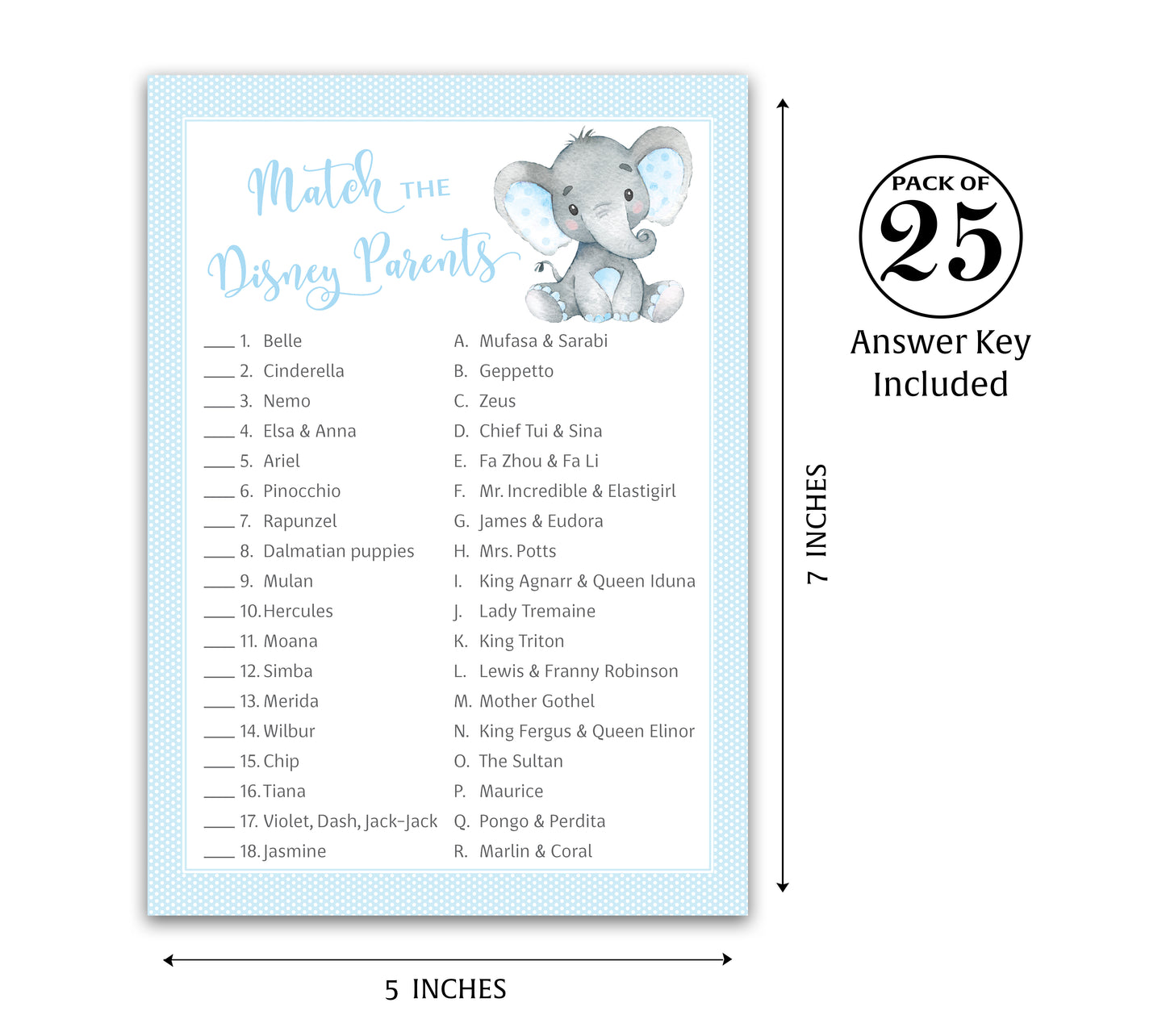 Blue Elephant Baby Shower Game - Disney Parent Match • SET of 25
