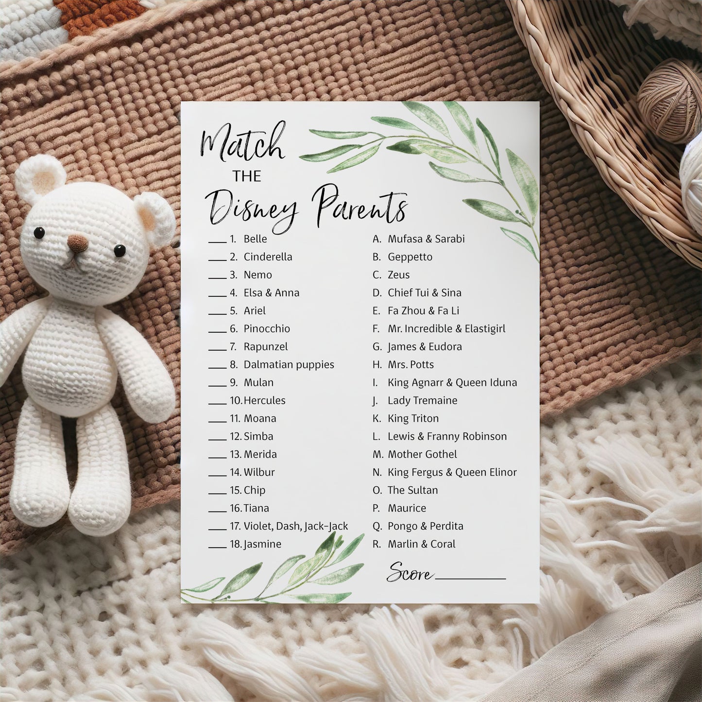 Greenery Baby Shower Game - Disney Parent Match • SET of 25
