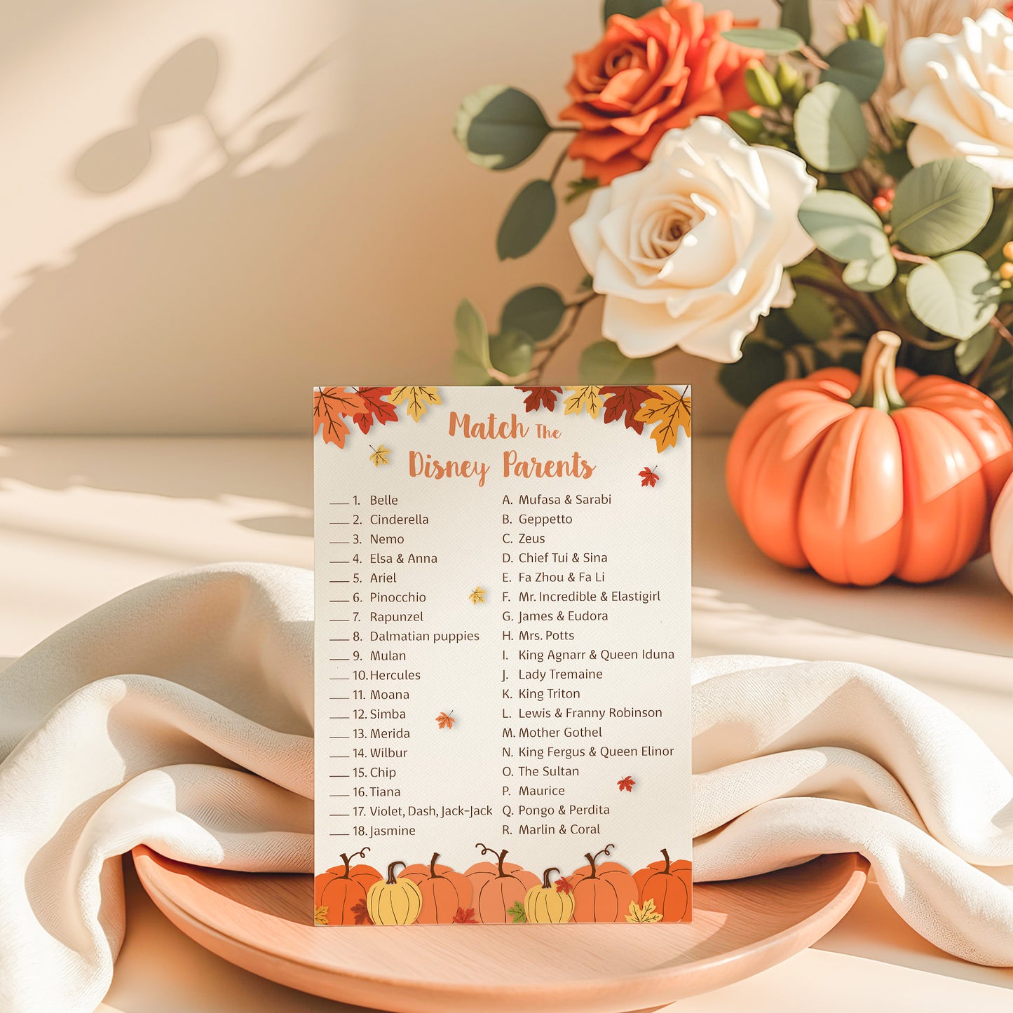Little Pumpkin Baby Shower Game — Disney Parent Match — Pack of 25 — Fun Fall Cartoon-Themed Activity