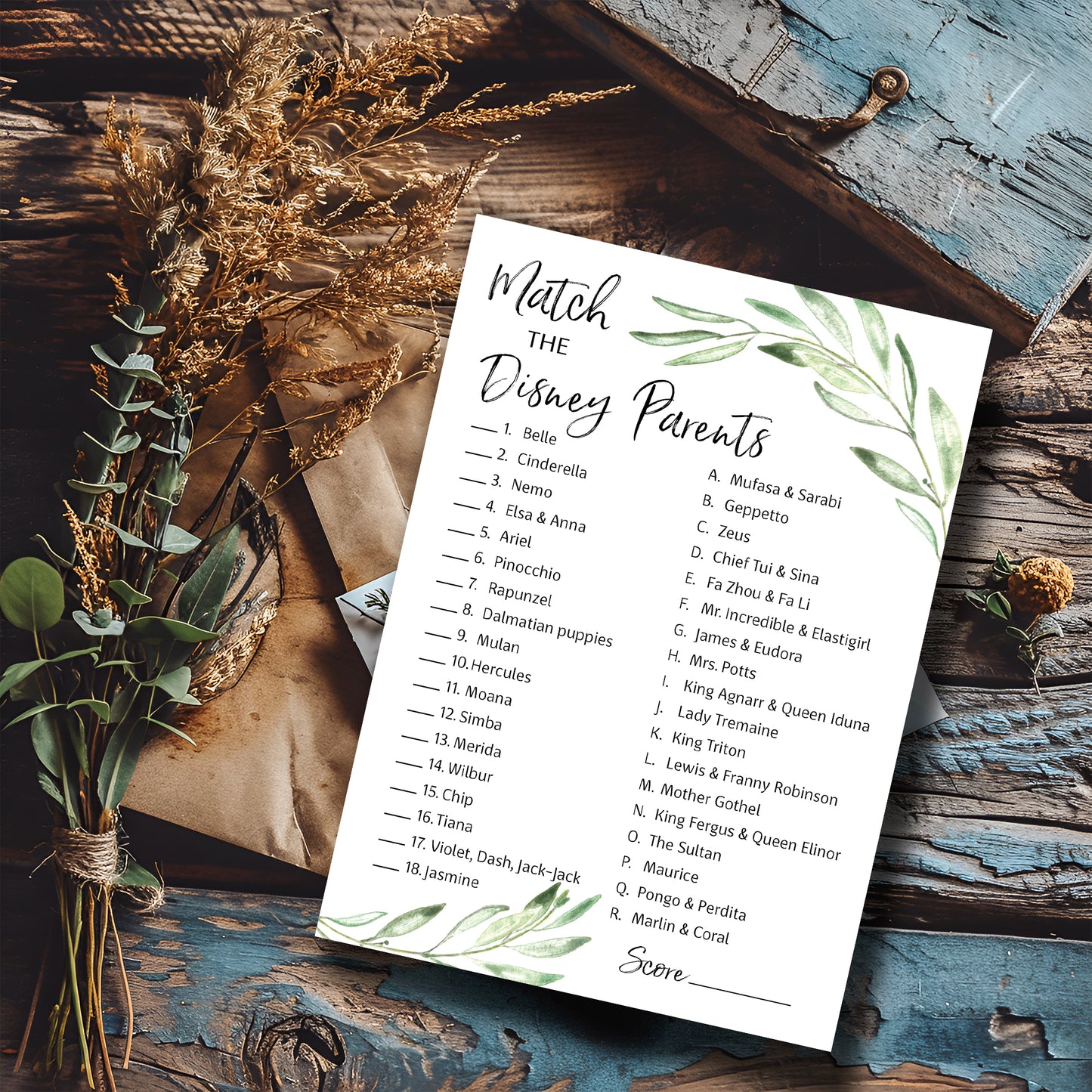 Greenery Baby Shower Game - Disney Parent Match • SET of 25