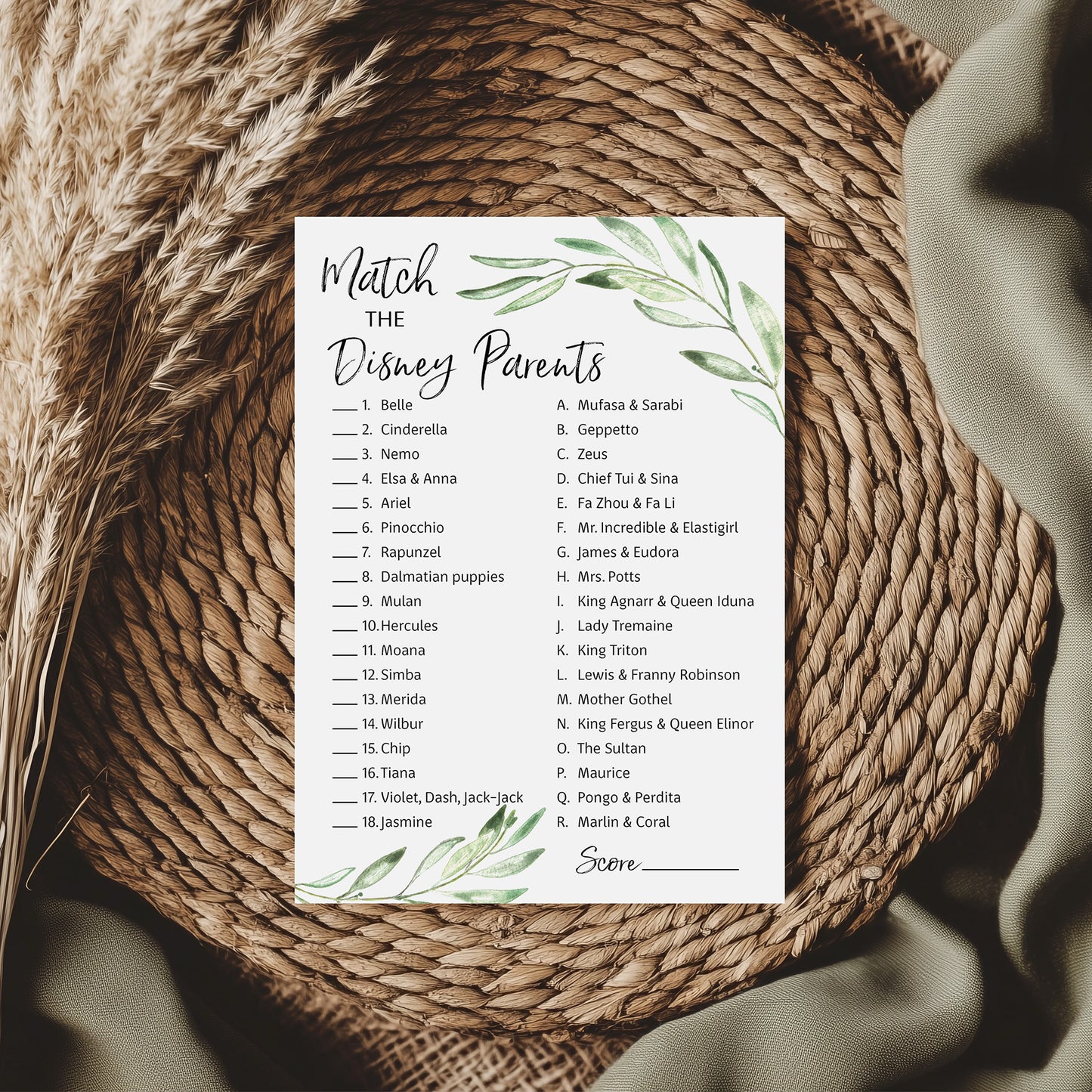 Greenery Baby Shower Game - Disney Parent Match • SET of 25