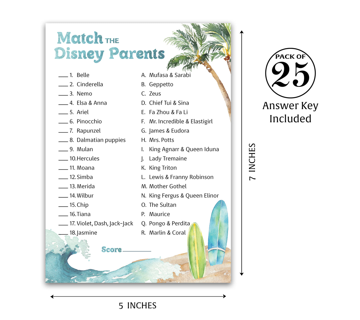 Beach Surf Theme Match Cartoon Parents Baby Shower Games — Pack of 25 — Printed