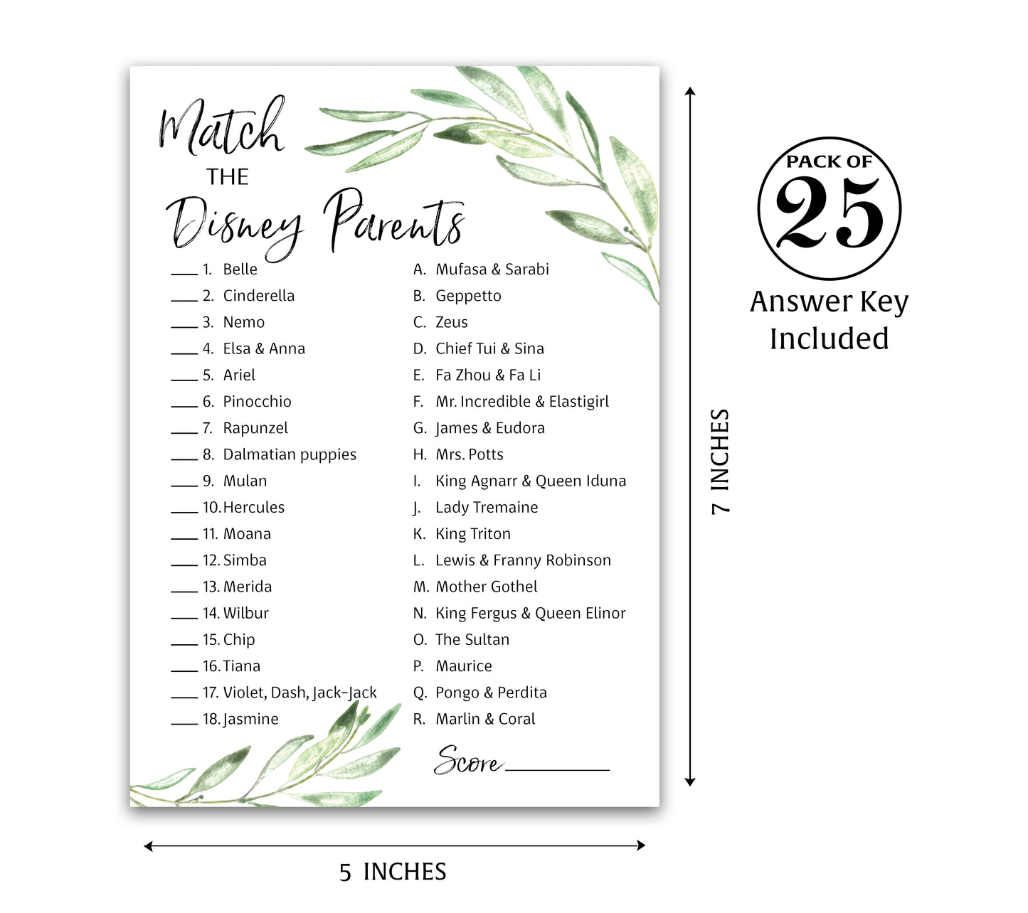 Greenery Baby Shower Game - Disney Parent Match • SET of 25