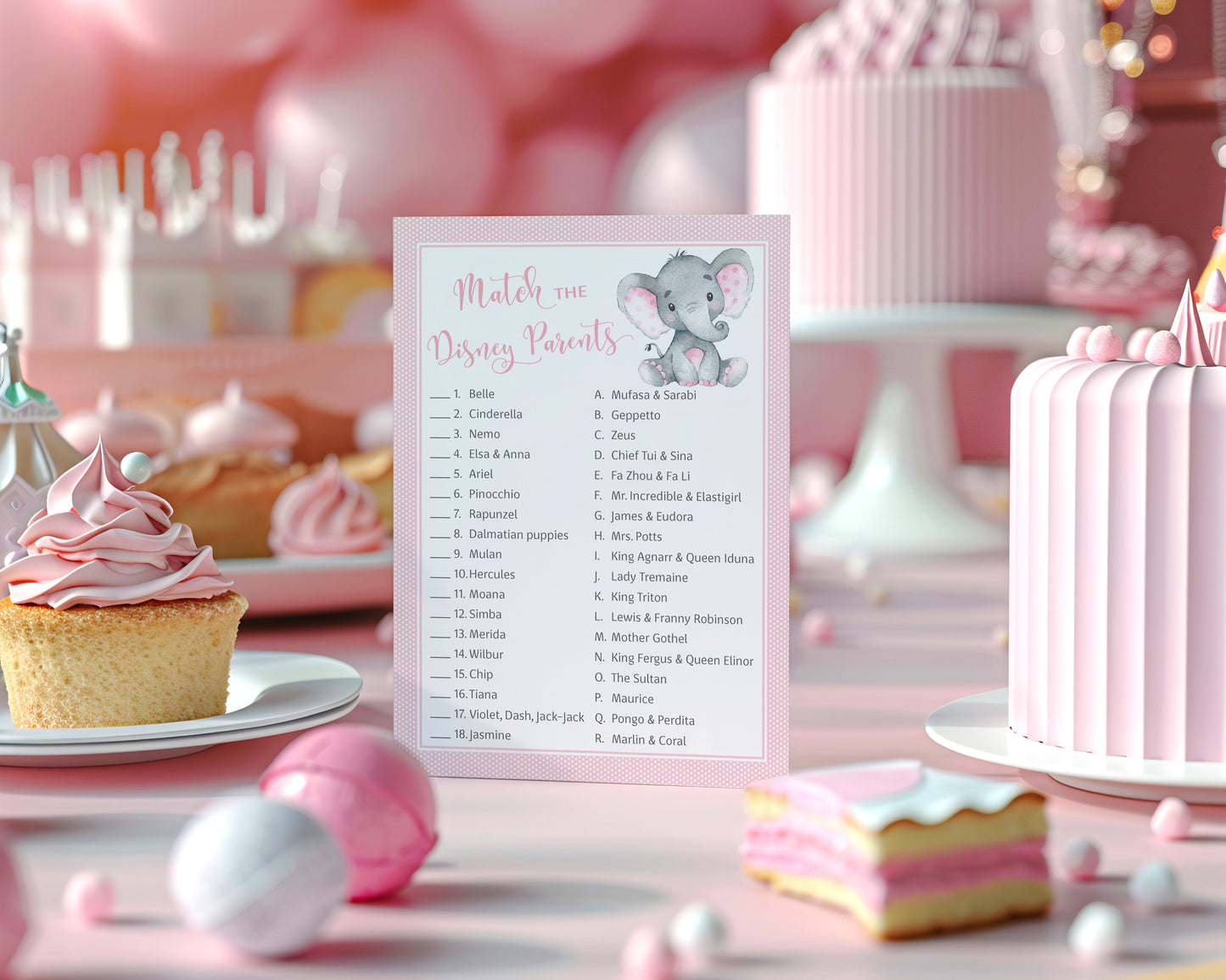 Pink Elephant Baby Shower Game - Disney Parent Match • SET of 25