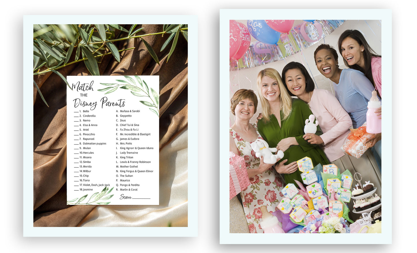 Greenery Baby Shower Game - Disney Parent Match • SET of 25