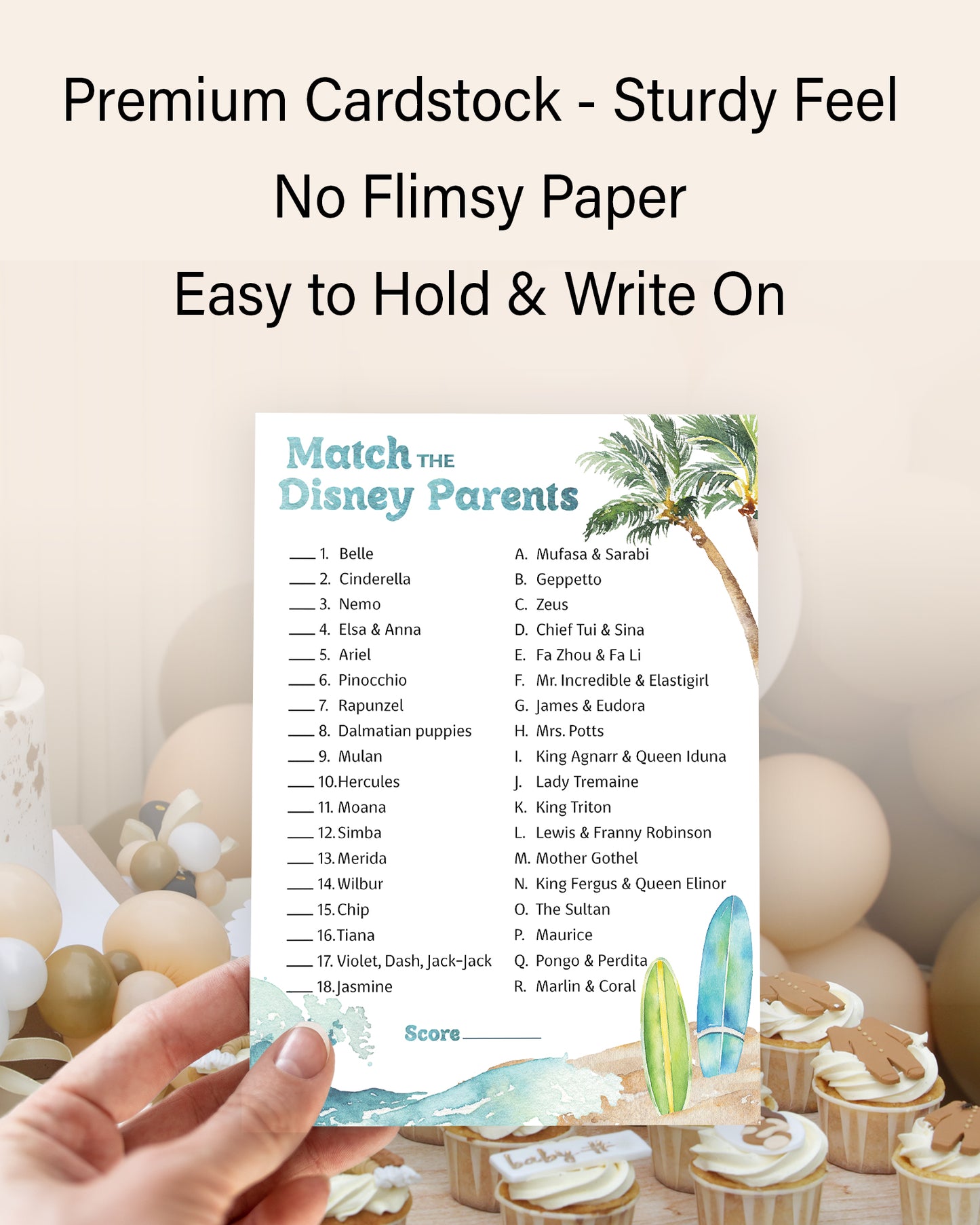 Beach Surf Theme Match Cartoon Parents Baby Shower Games — Pack of 25 — Printed