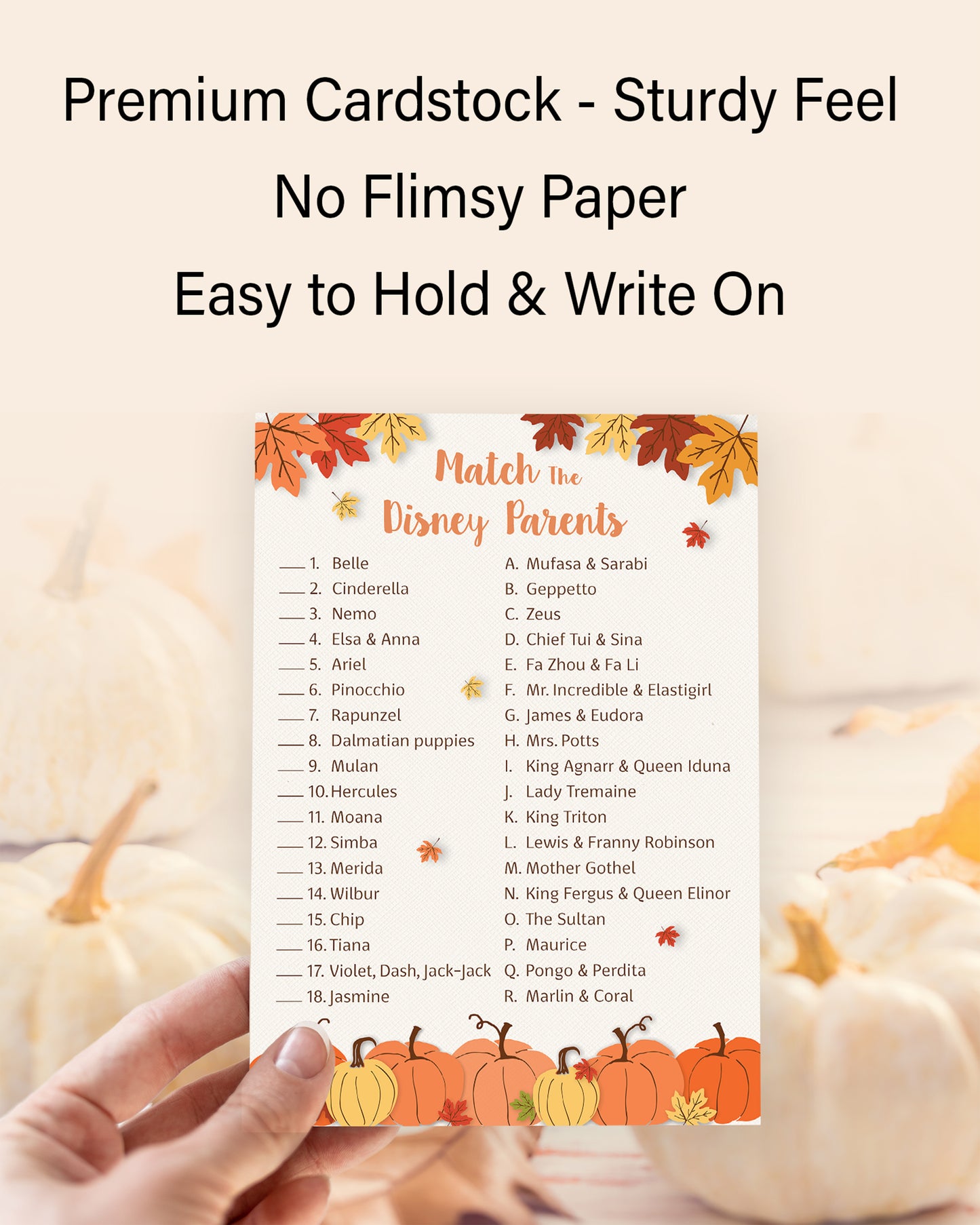 Little Pumpkin Baby Shower Game — Disney Parent Match — Pack of 25 — Fun Fall Cartoon-Themed Activity