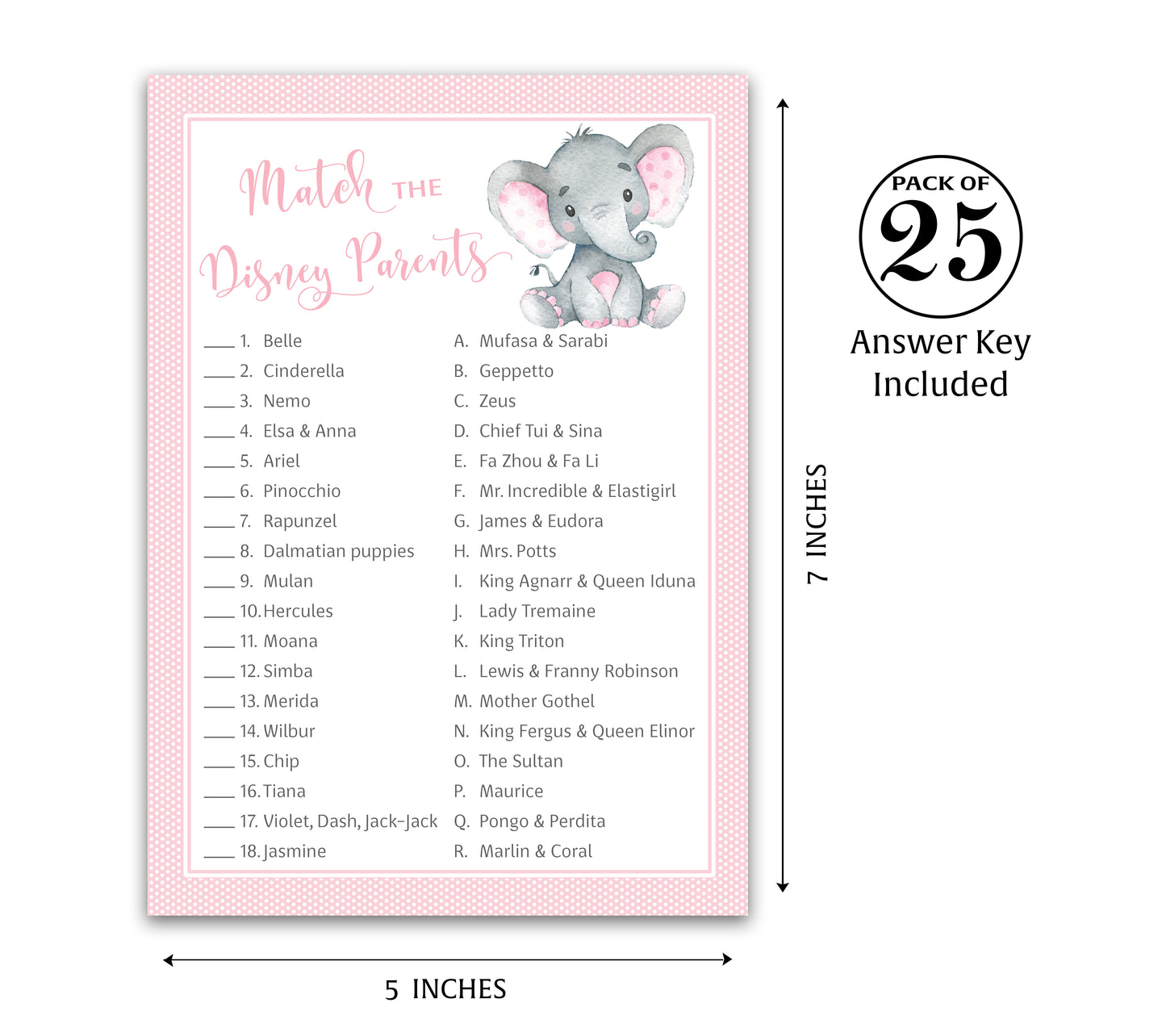Pink Elephant Baby Shower Game - Disney Parent Match • SET of 25