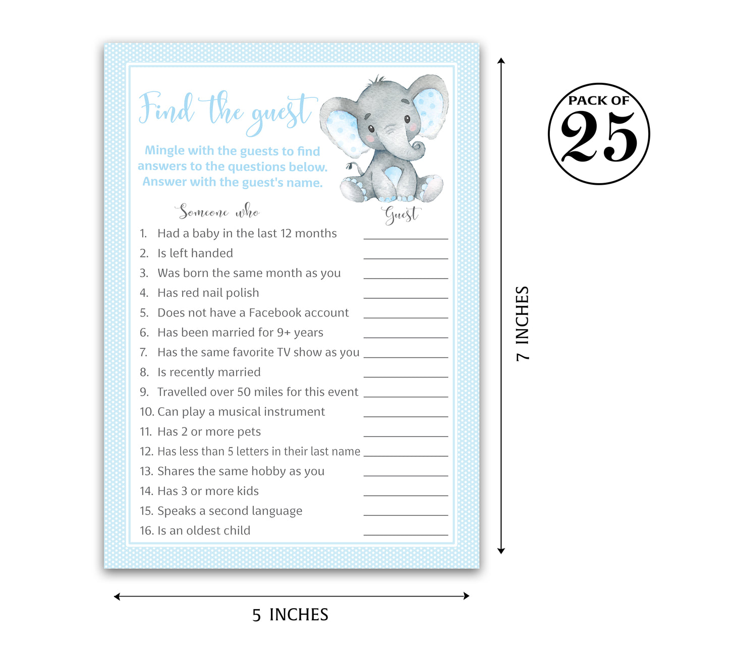 Blue Elephant Baby Shower Game - Find The Guest • SET of 25